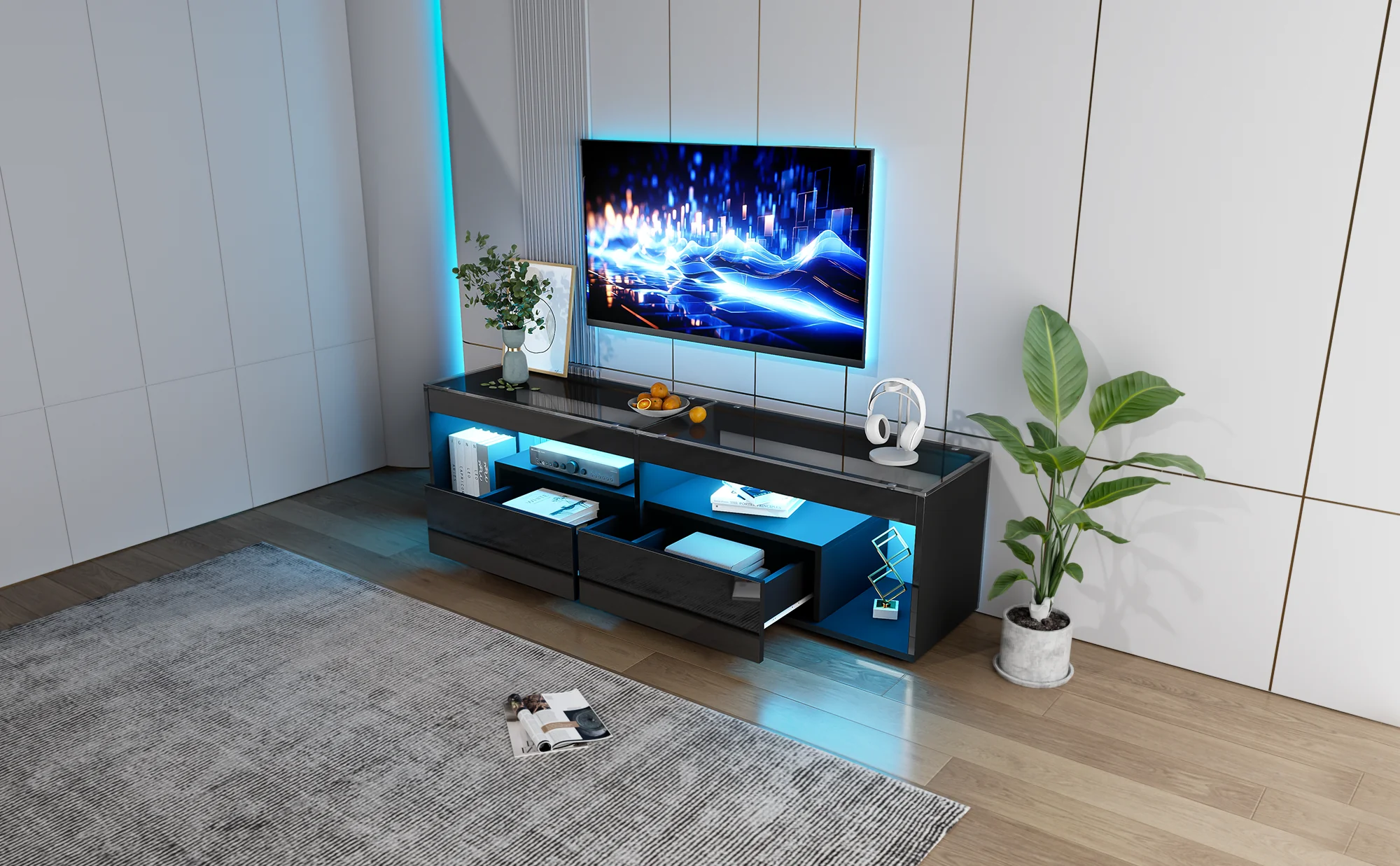 TV Cabinet, LED High-Gloss 70-inch with 2 Drawers, Black - Image 7