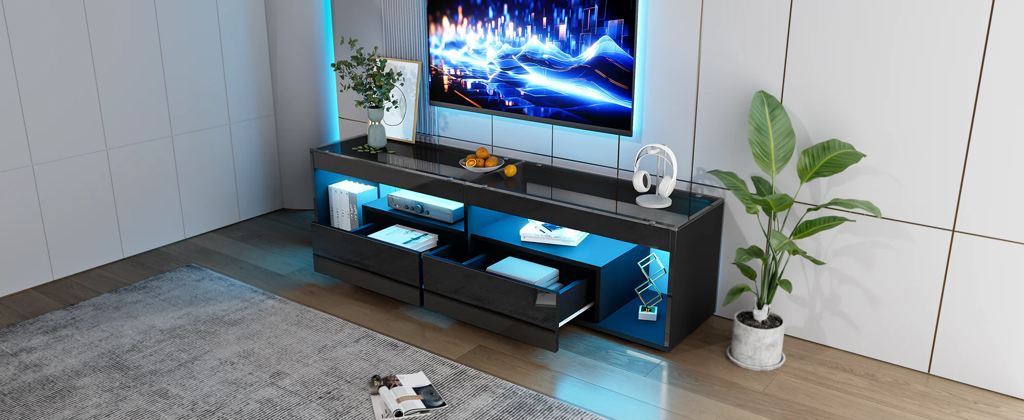 TV Cabinet, LED High-Gloss 70-inch with 2 Drawers, Black - Image 8