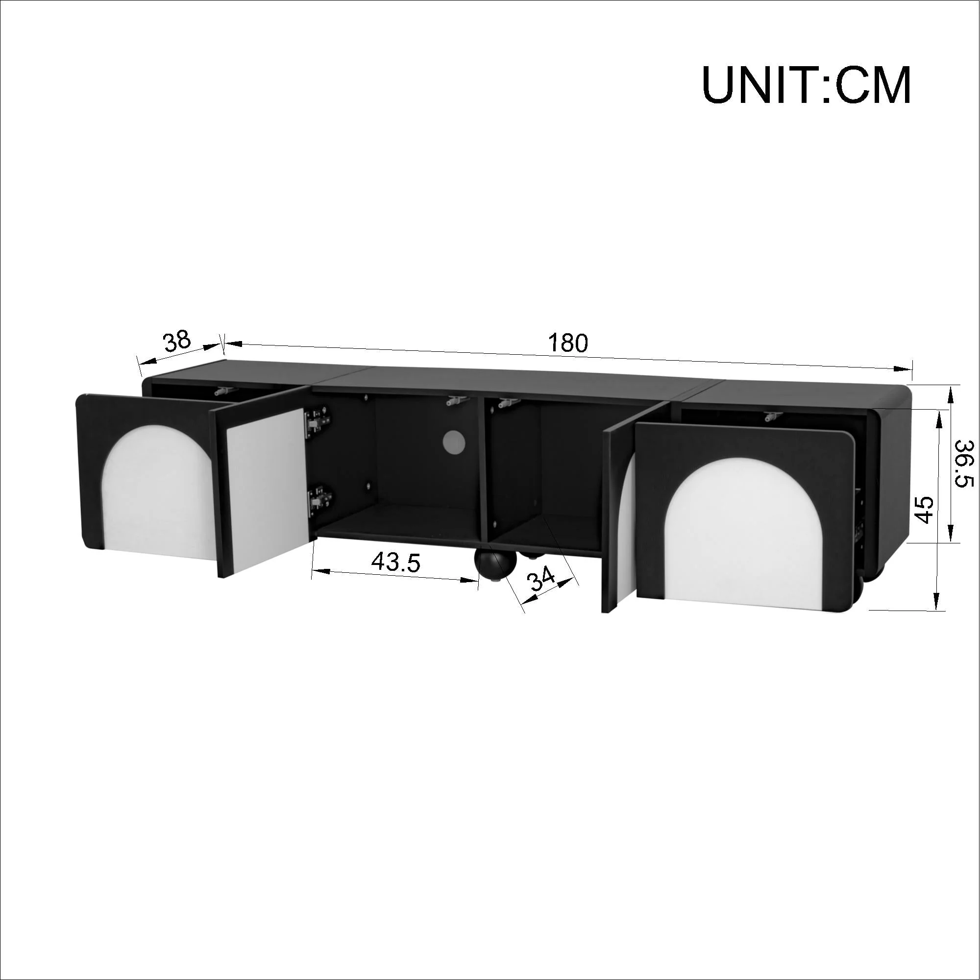 TV Cabinet Low 180cm 2 Drawers 2 Doors Black and White - Image 4