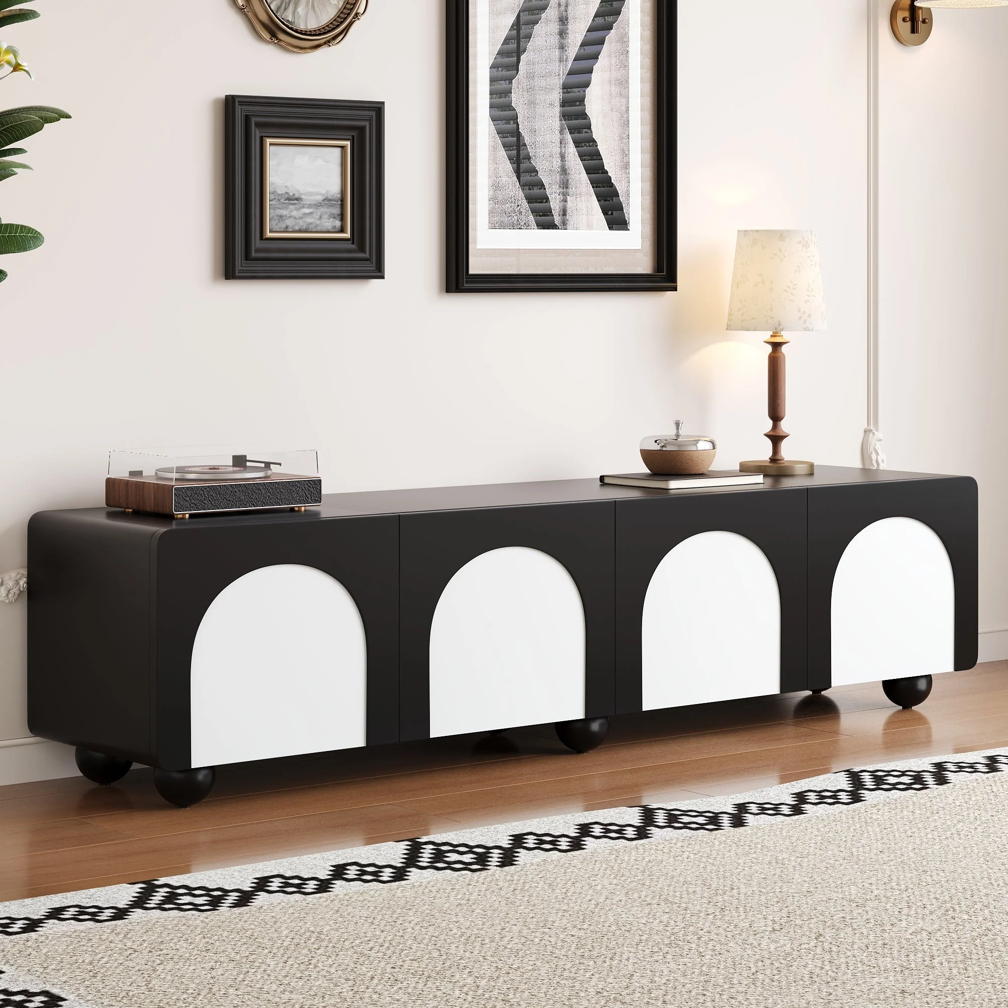 TV Cabinet Low 180cm 2 Drawers 2 Doors Black and White - Image 8