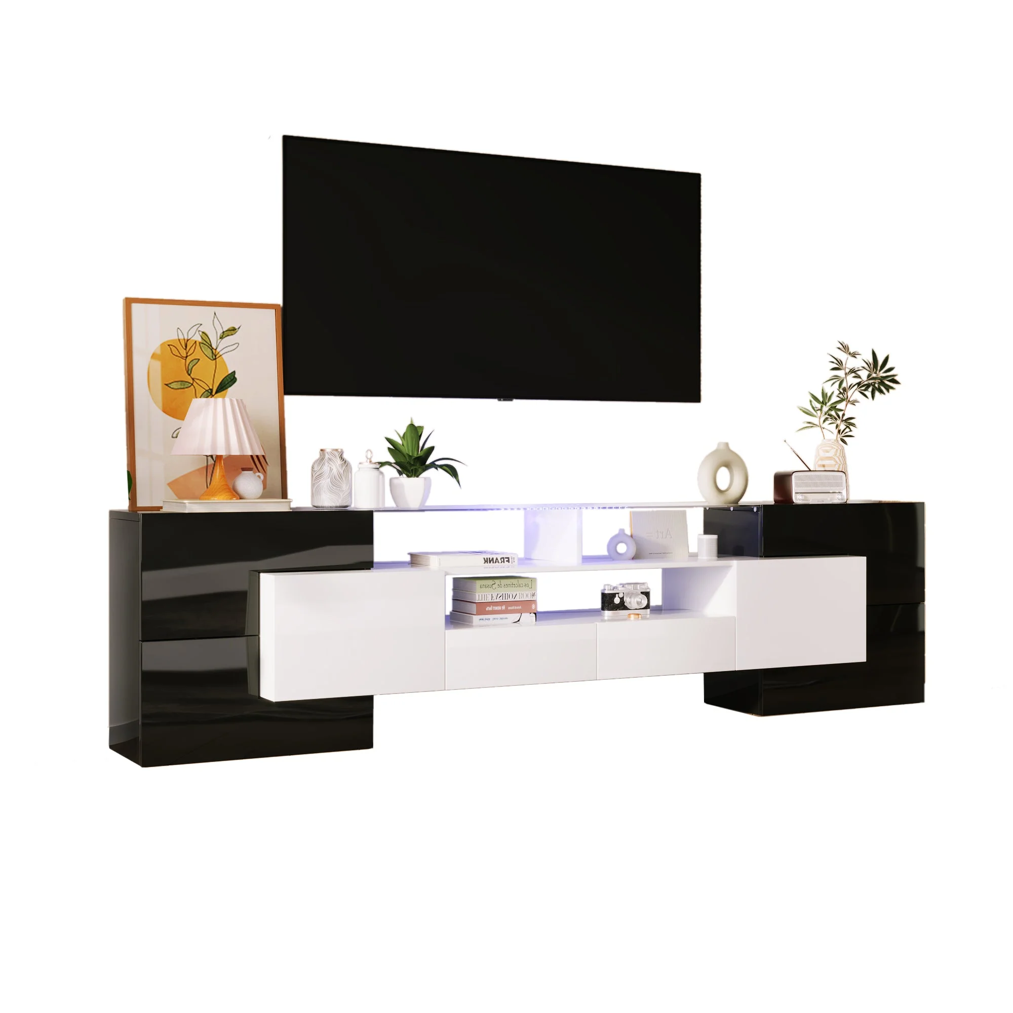 TV Cabinet, Low Panel 200cm LED Lighting, High-Gloss White and Black - Image 8