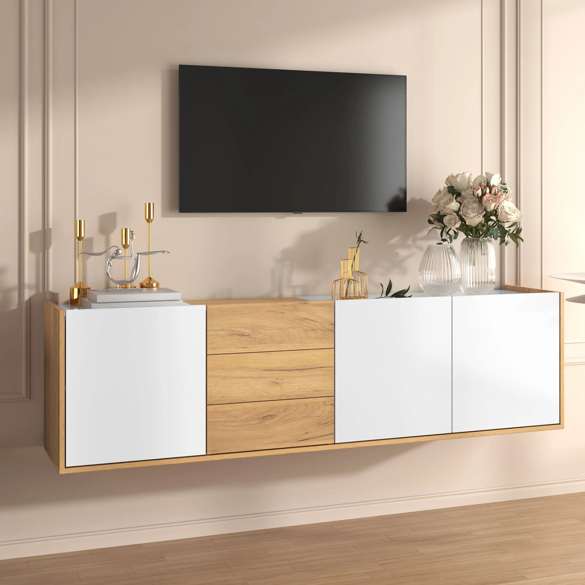TV Cabinet, Low Panel Wall/Floor Mount, White and Wood - Image 3