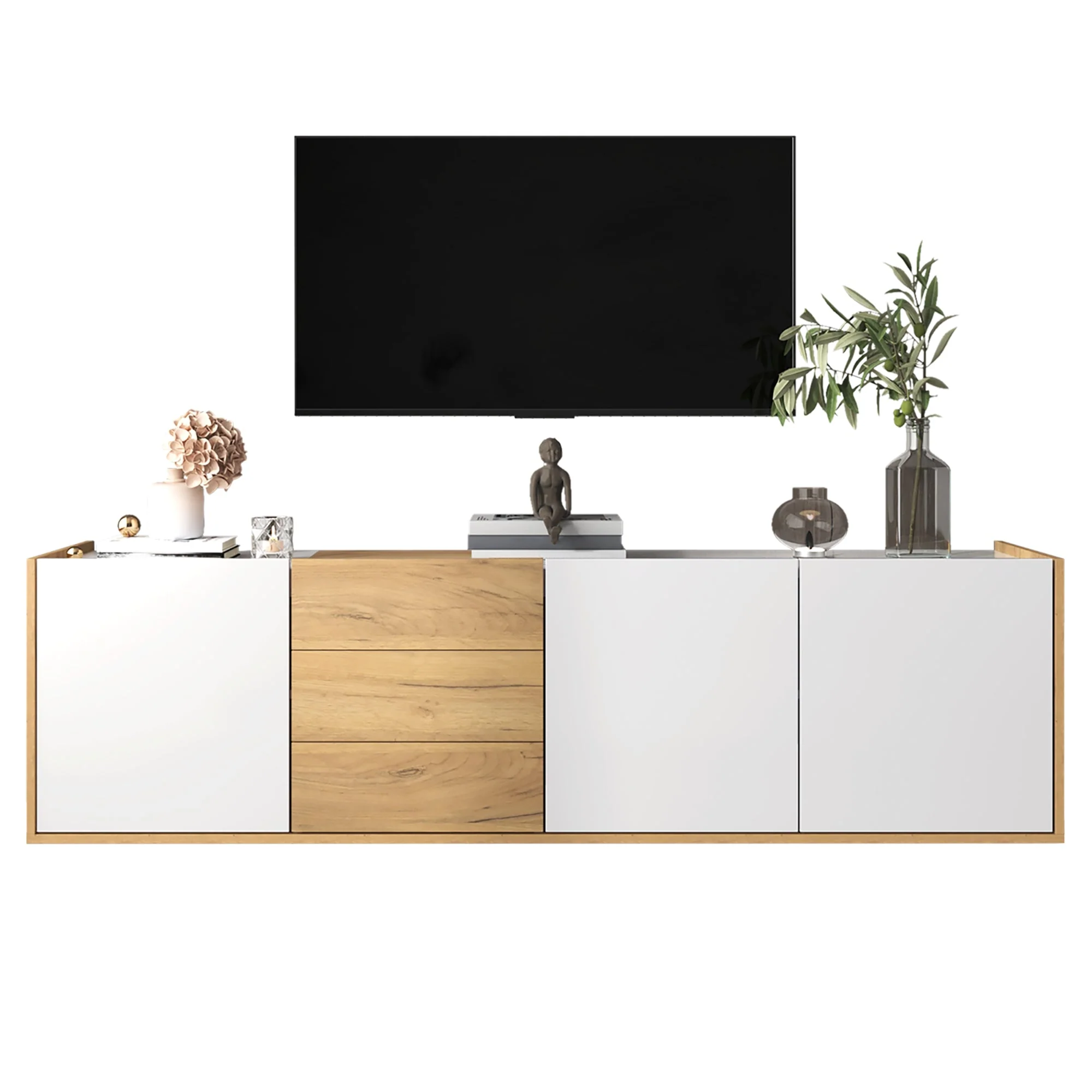 TV Cabinet, Low Panel Wall/Floor Mount, White and Wood - Image 8