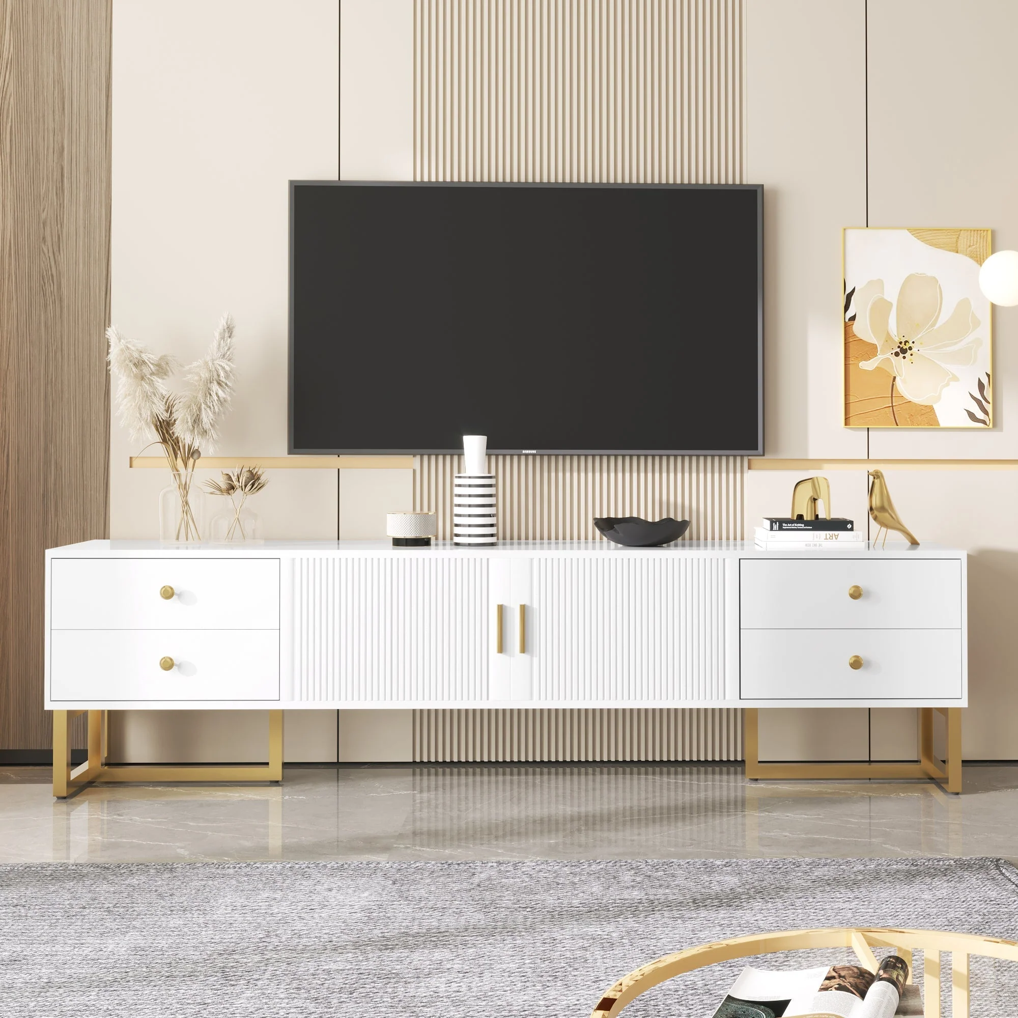 TV Cabinet, Low Panel with Textured Door & Drawers, Gold Handles & Feet