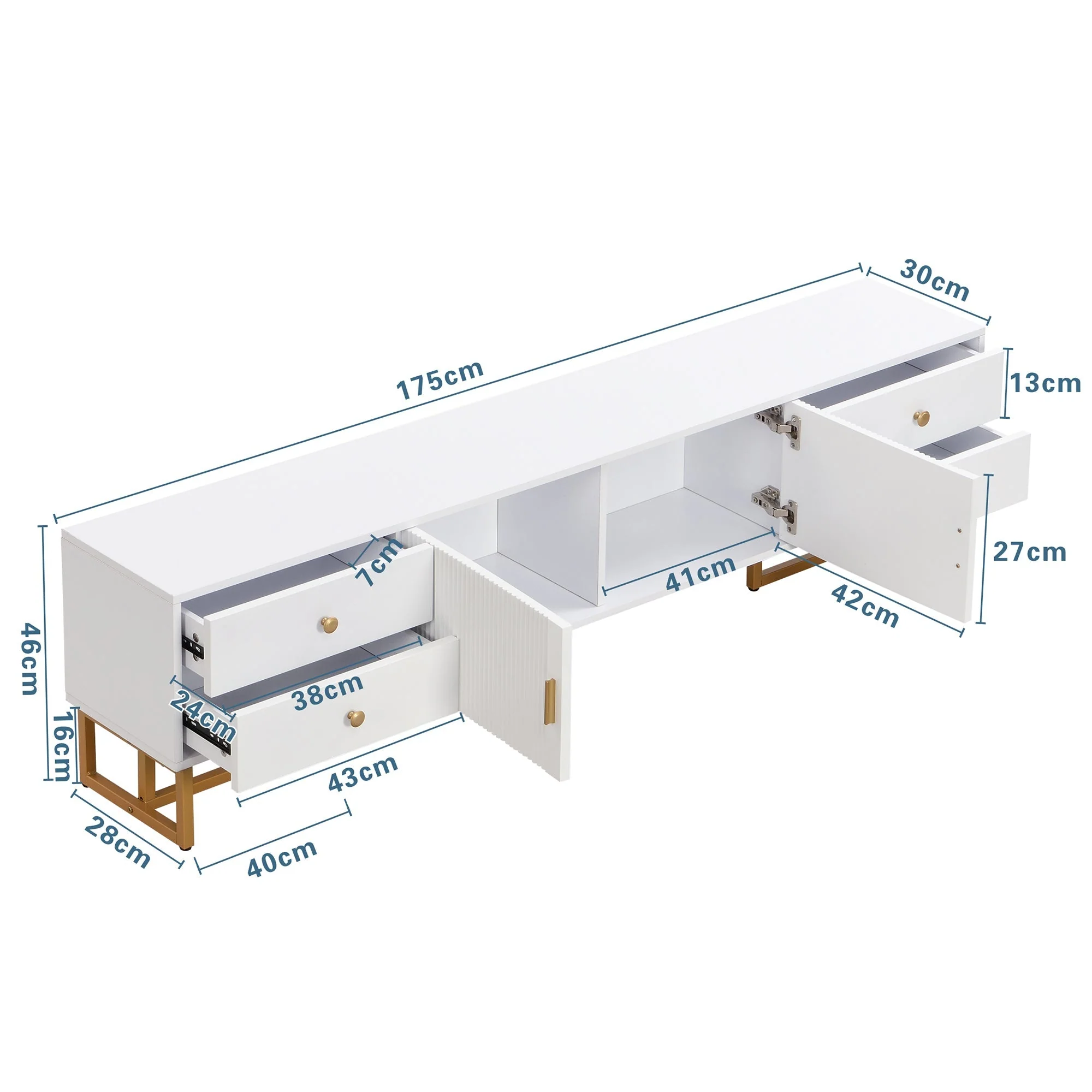TV Cabinet, Low Panel with Textured Door & Drawers, Gold Handles & Feet - Image 8