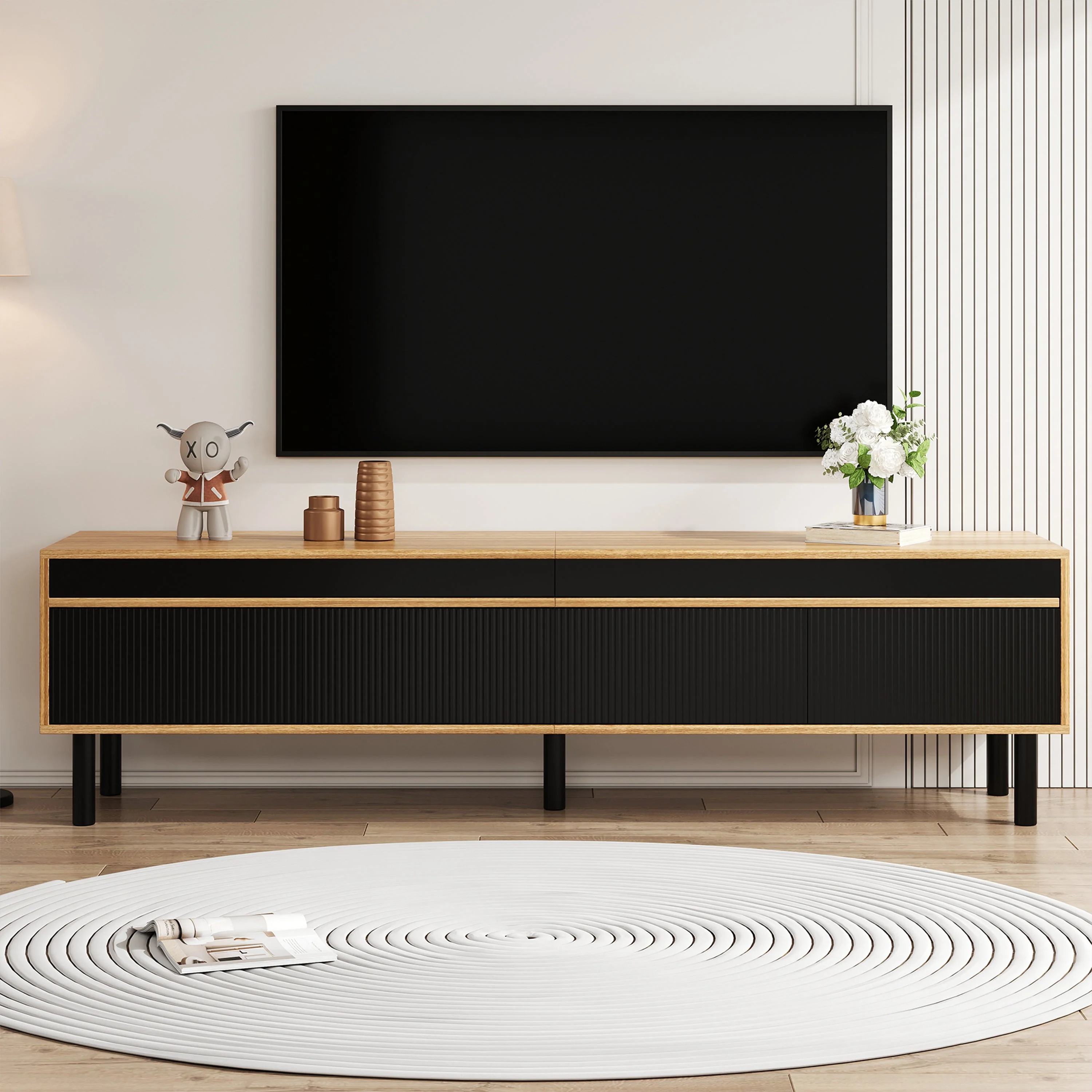 TV Cabinet, Low with Four Doors, Black and Wood - Image 8