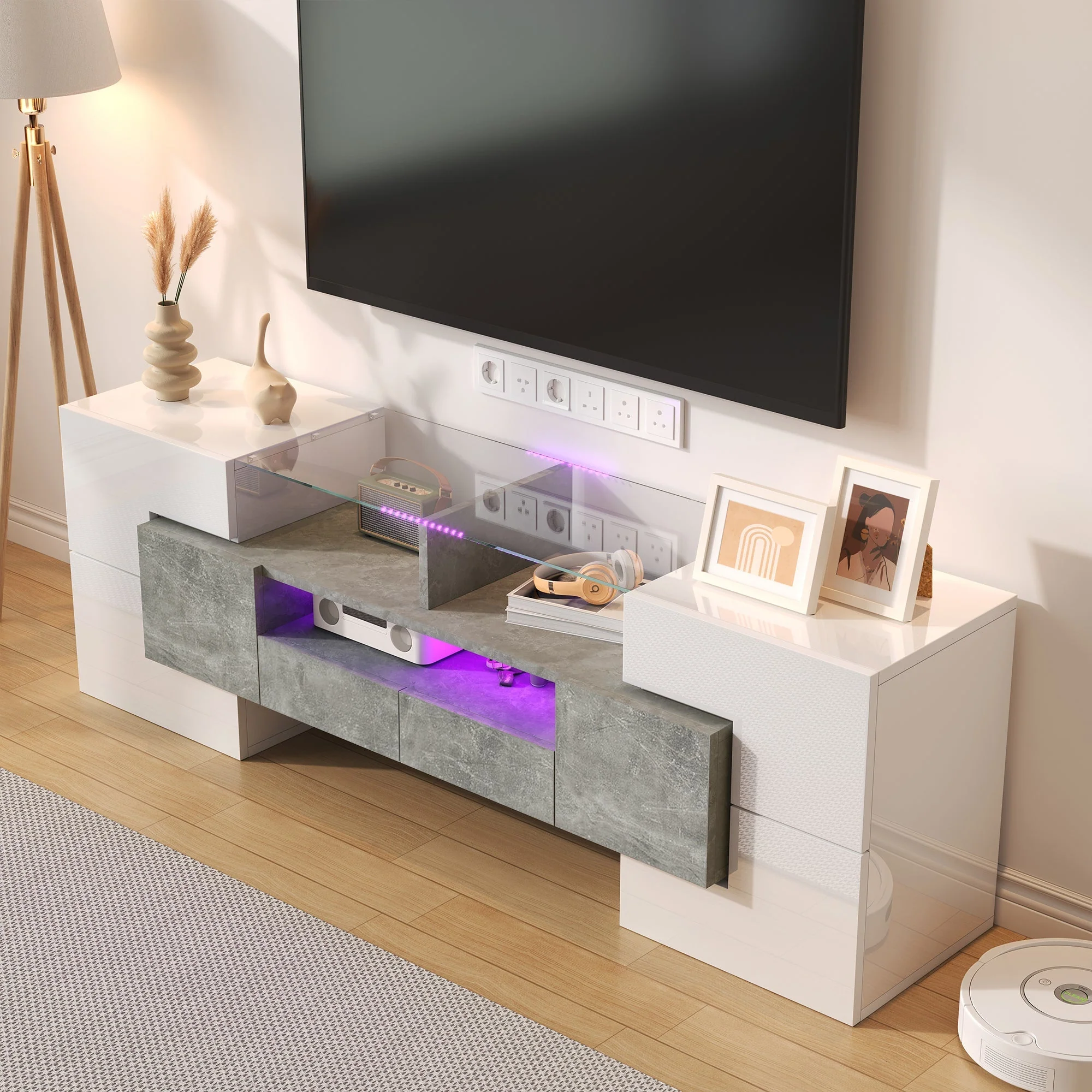 TV Cabinet Lowboard 145cm LED Lighting Modern High-Gloss White - Image 3