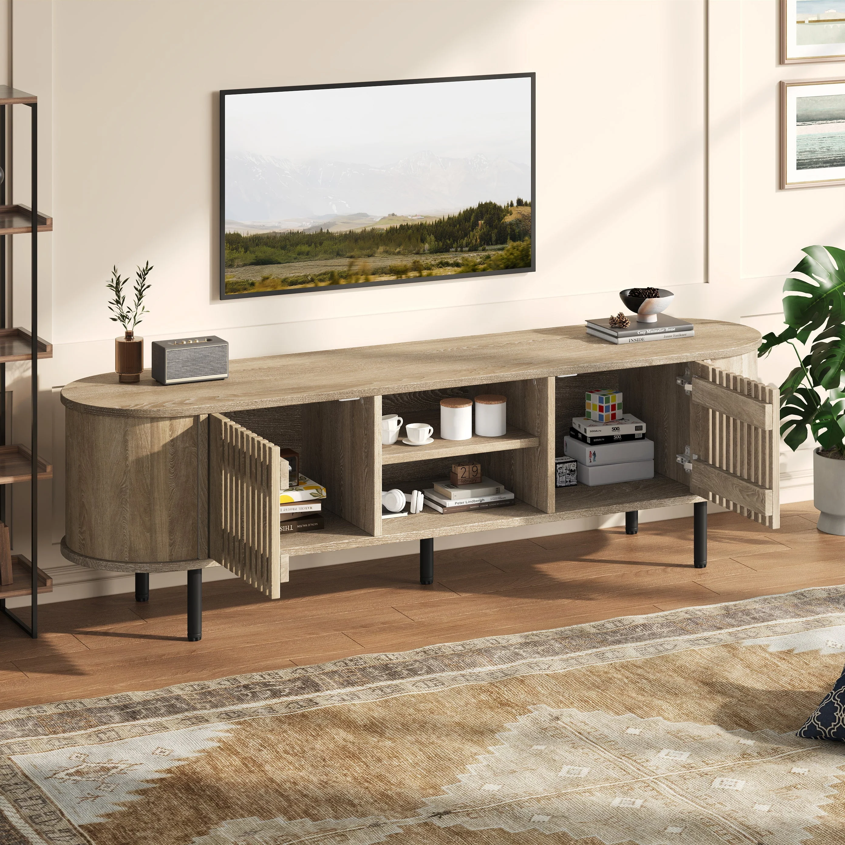 TV Cabinet Lowboard 160x40x47cm Openwork Design 2 Cabinets for 65" TV - Natural Wood - Image 3