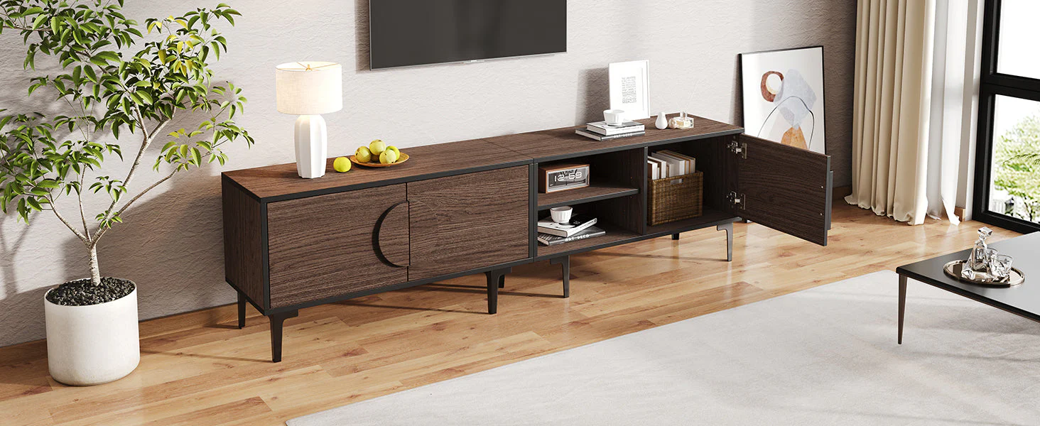 TV Cabinet Lowboard 180cm 2 Cabinets Open Shelves for 80 Inch TV - Dark Walnut - Image 8