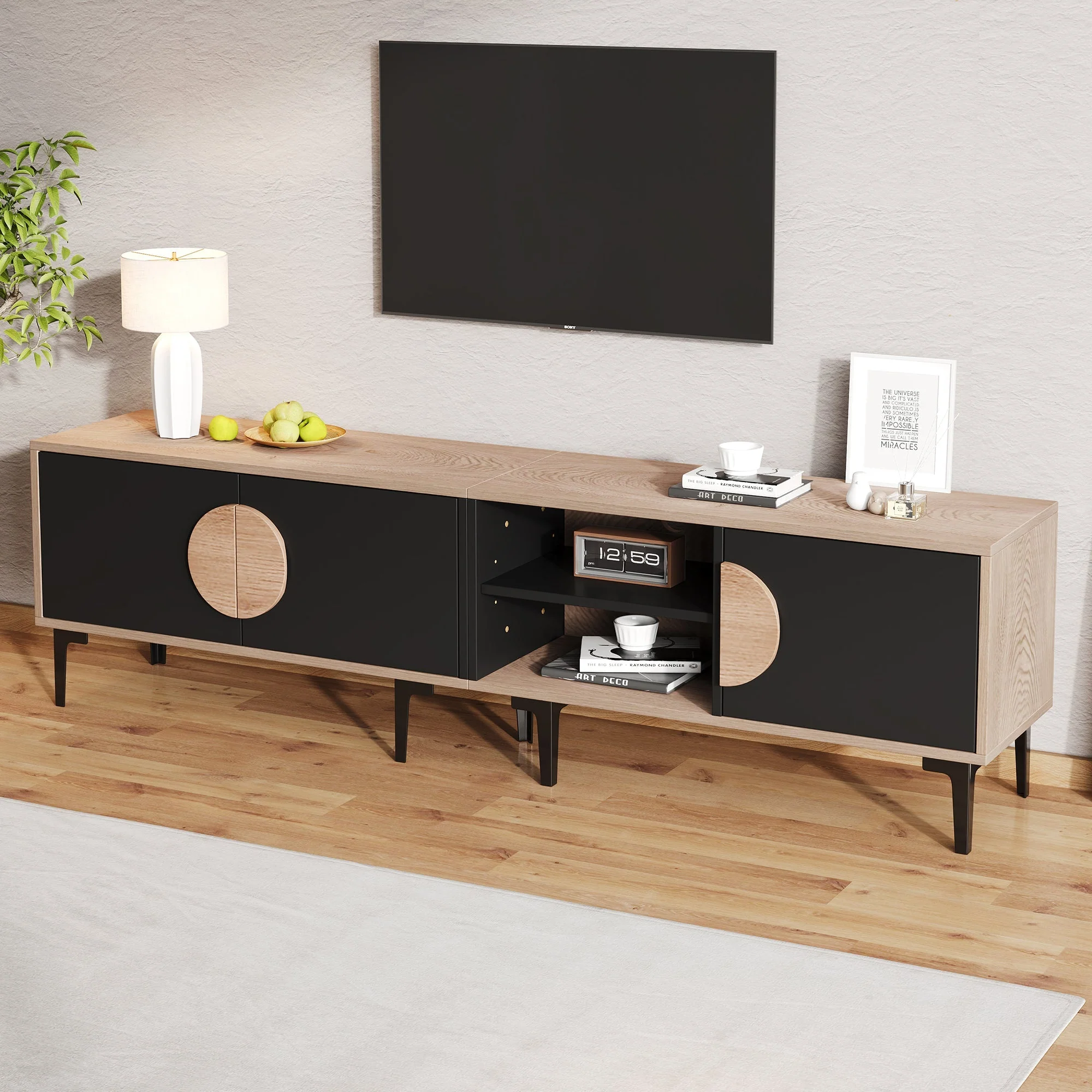TV Cabinet Lowboard 180cm 2 Cabinets Open Shelves for 80 Inch TV - Wood/Black - Image 2
