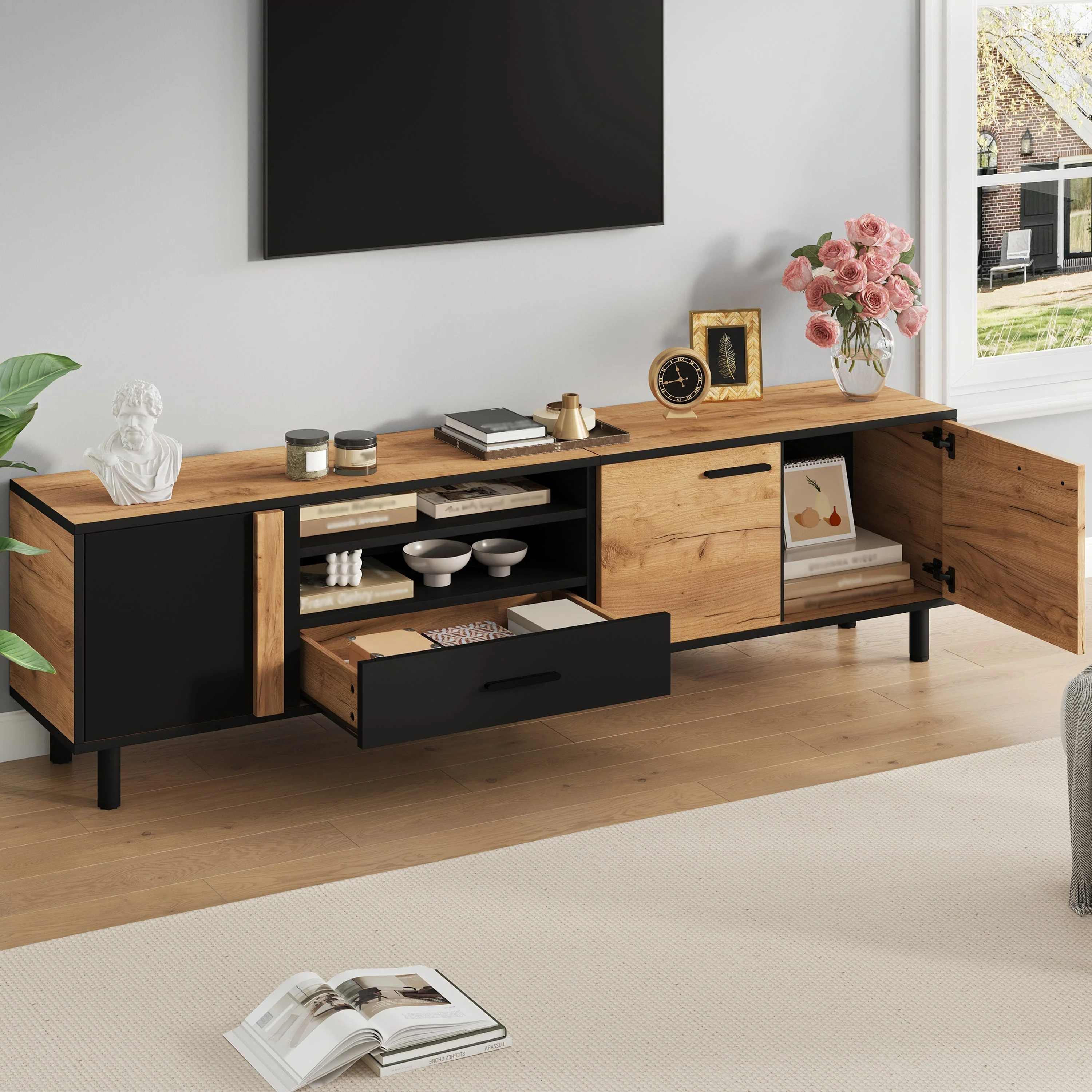 TV Cabinet Lowboard 180cm with 3 Cabinets 1 Drawer for 80 Inch TV - Image 2
