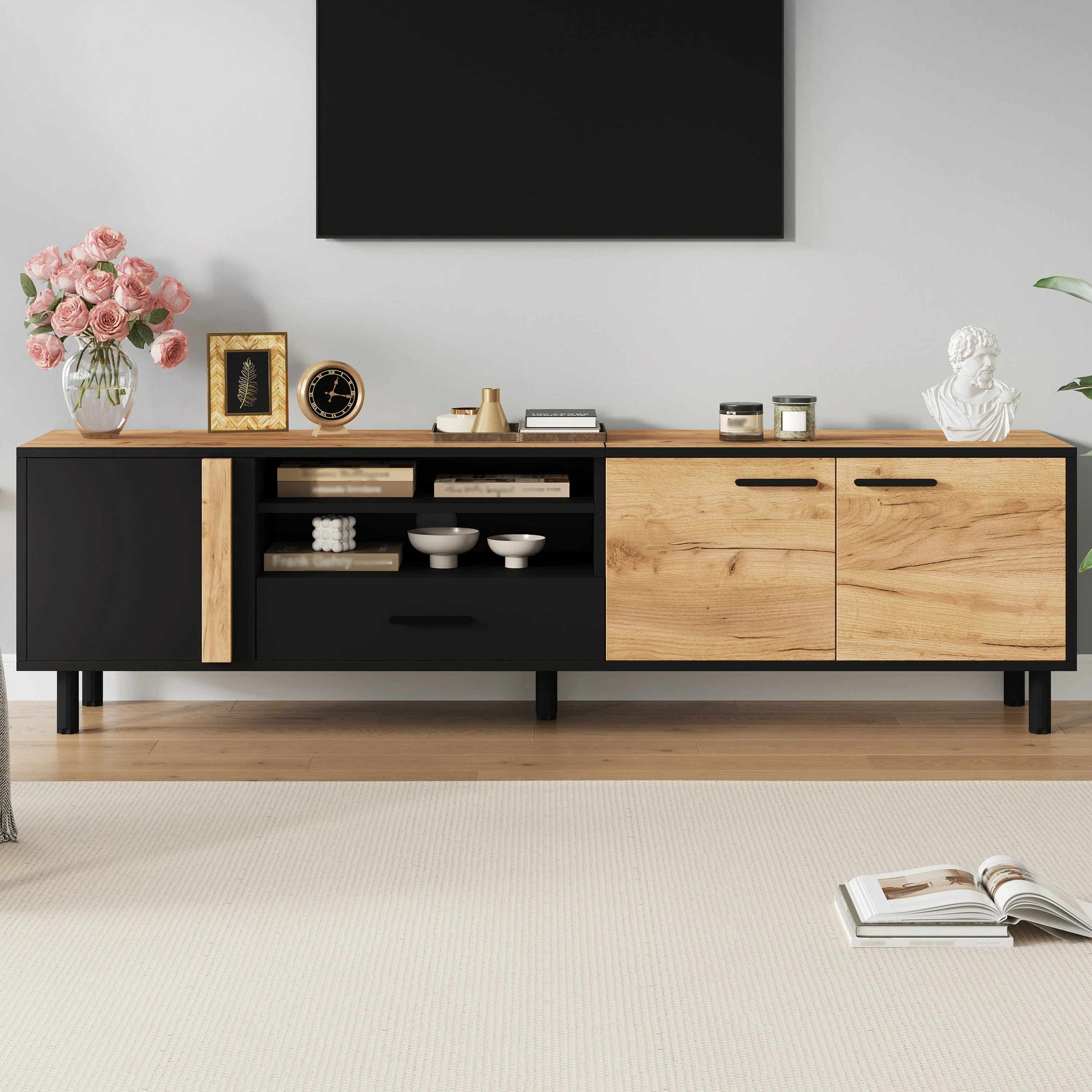 TV Cabinet Lowboard 180cm with 3 Cabinets 1 Drawer for 80 Inch TV - Image 4