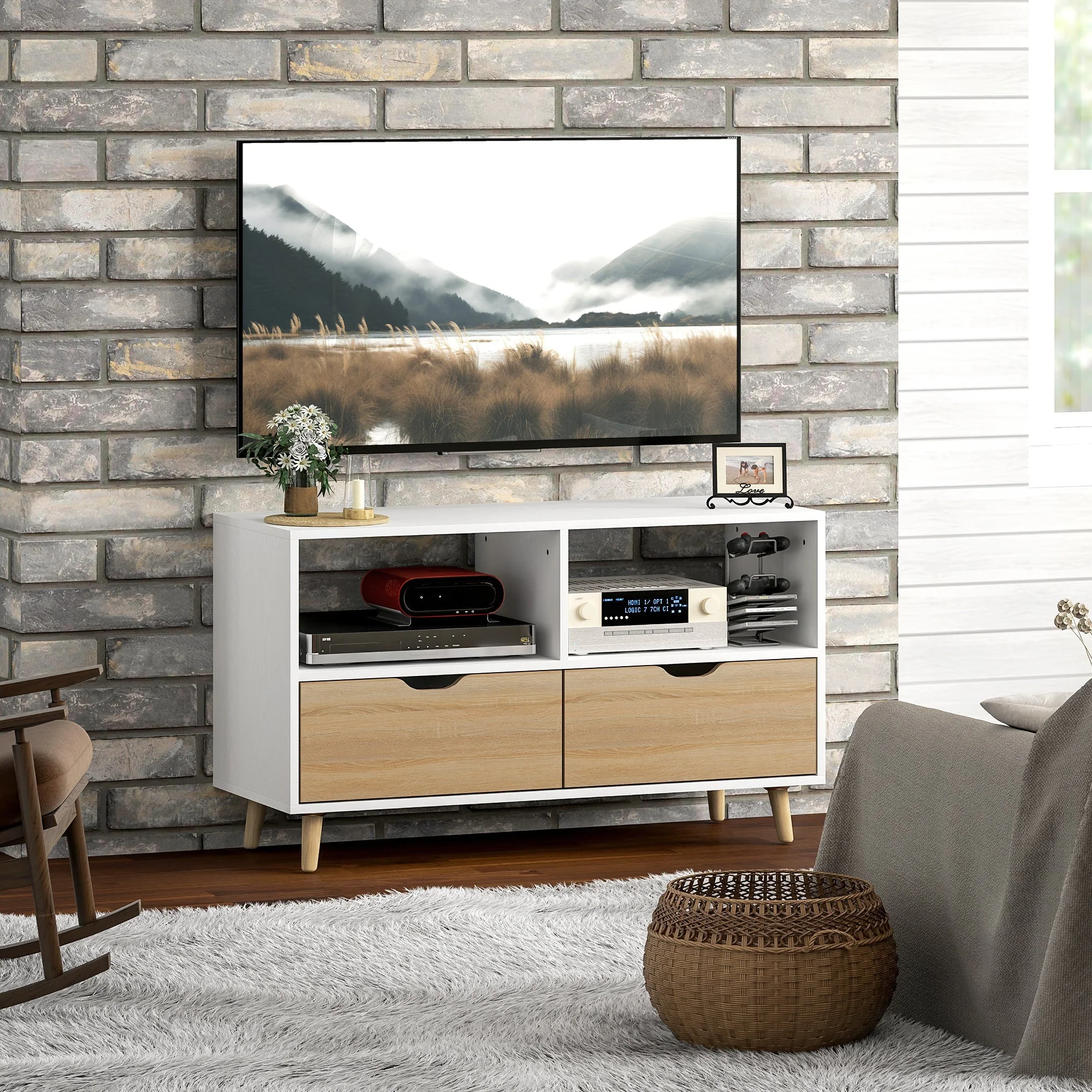 TV Cabinet Lowboard, 2 Shelves, Drawer, White - Image 7