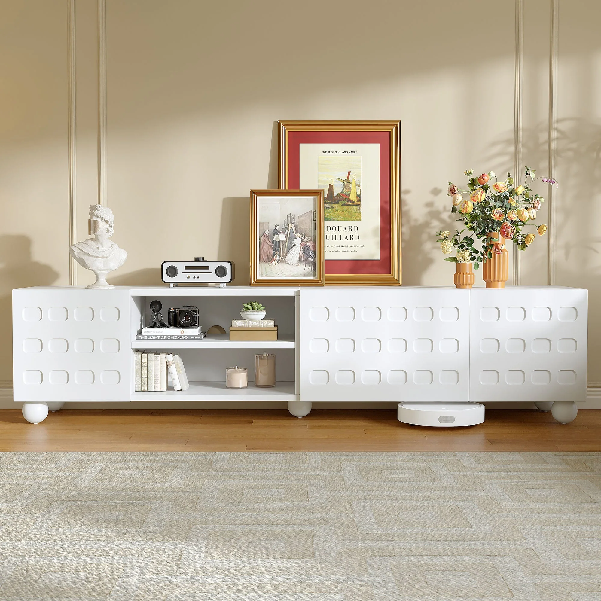 TV Cabinet Lowboard 200cm 3-Door Printed Design - White - Image 4