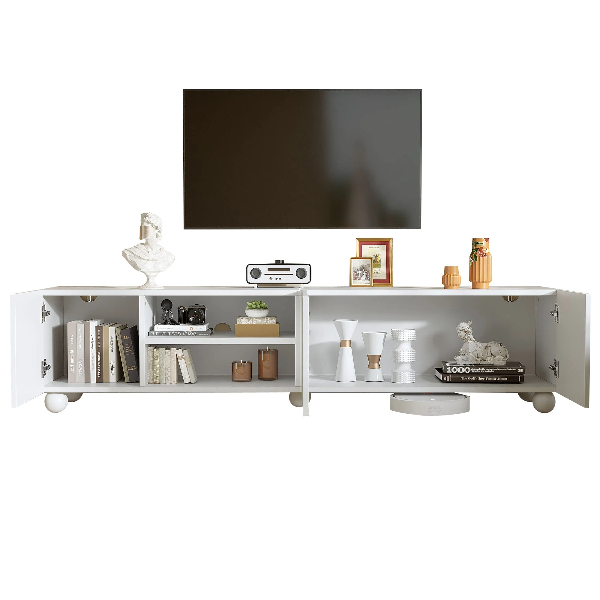 TV Cabinet Lowboard 200cm 3-Door Printed Design - White - Image 7
