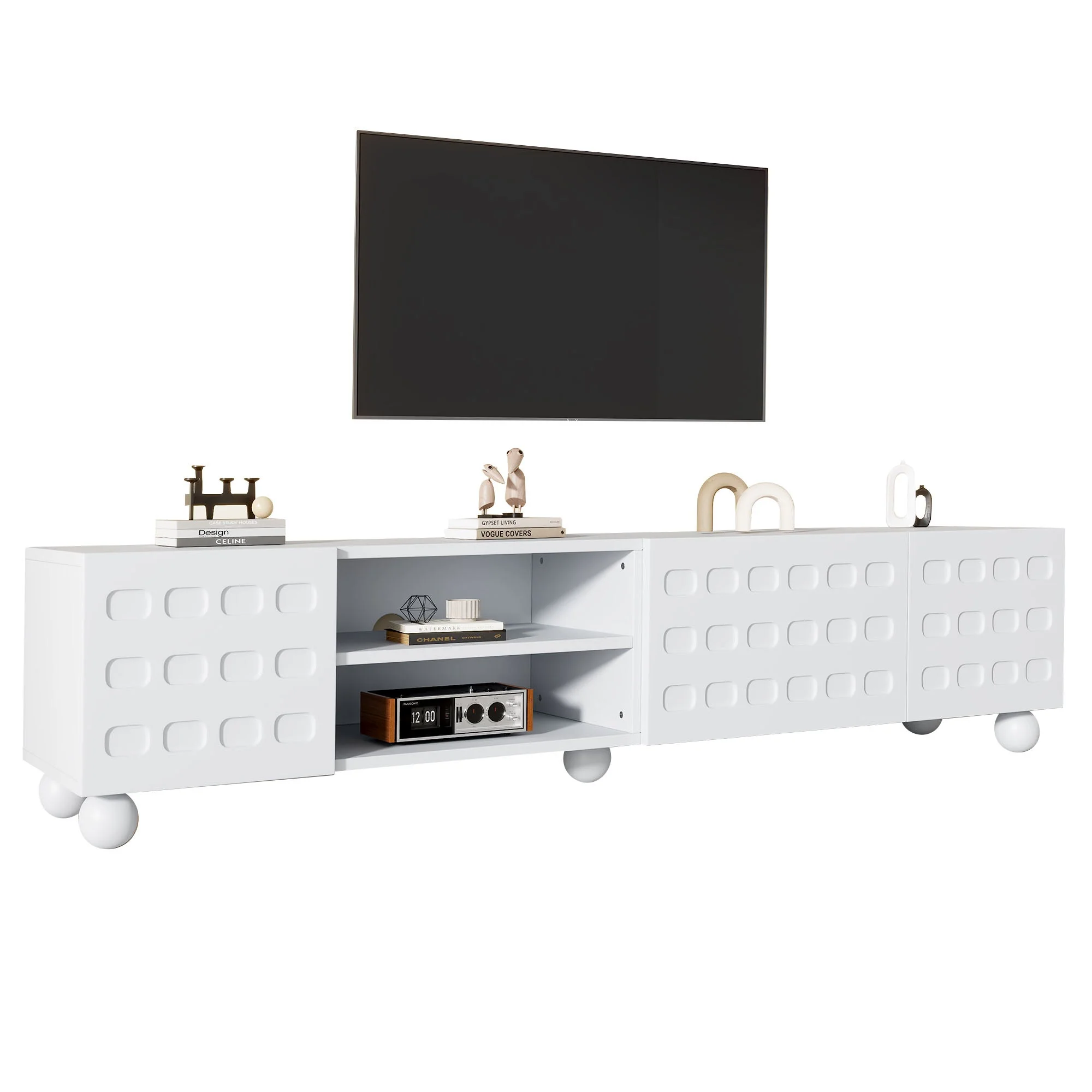 TV Cabinet Lowboard 200cm 3-Door Printed Design - White - Image 9