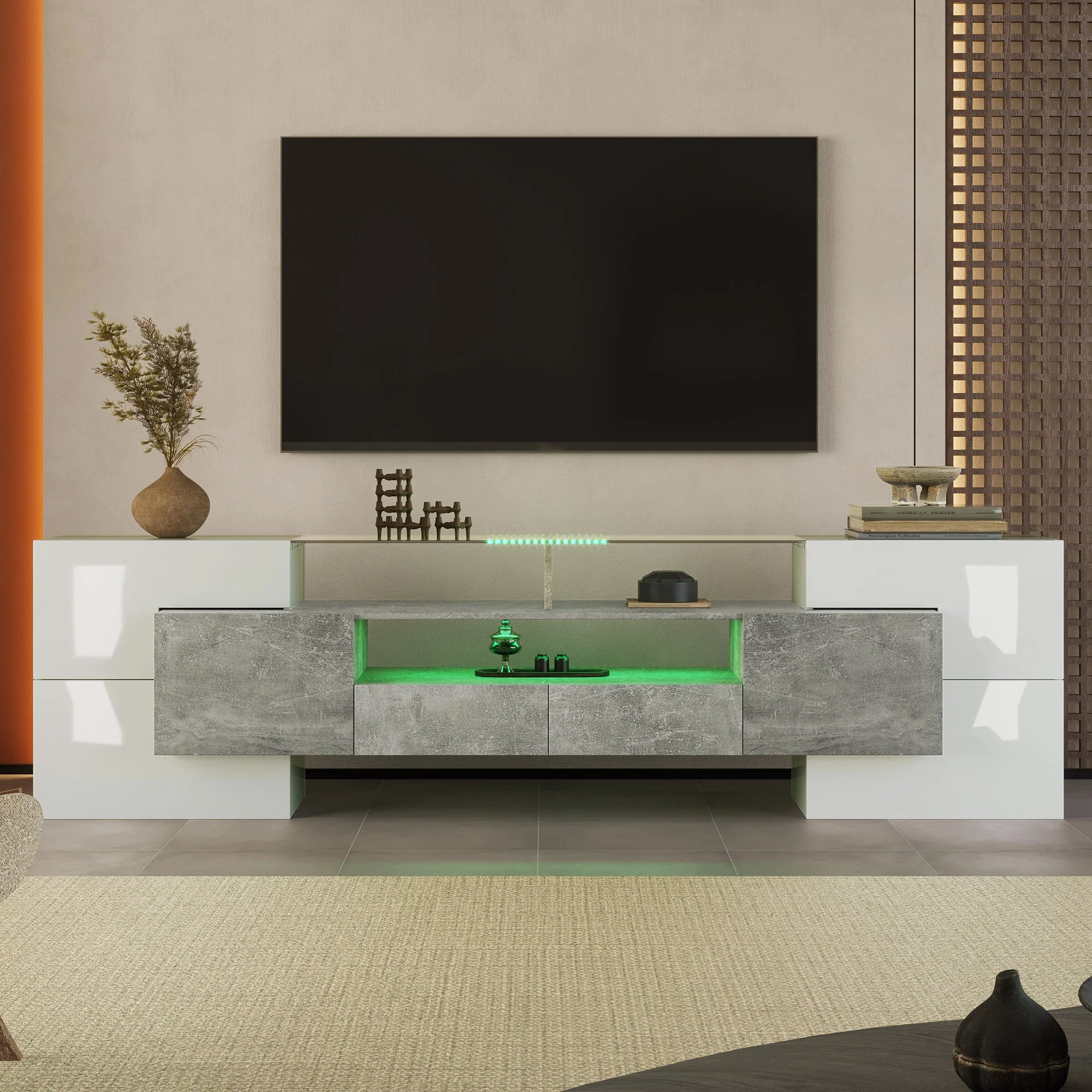 TV Cabinet Lowboard 200cm LED High-Gloss Glass - White/Grey - Image 6