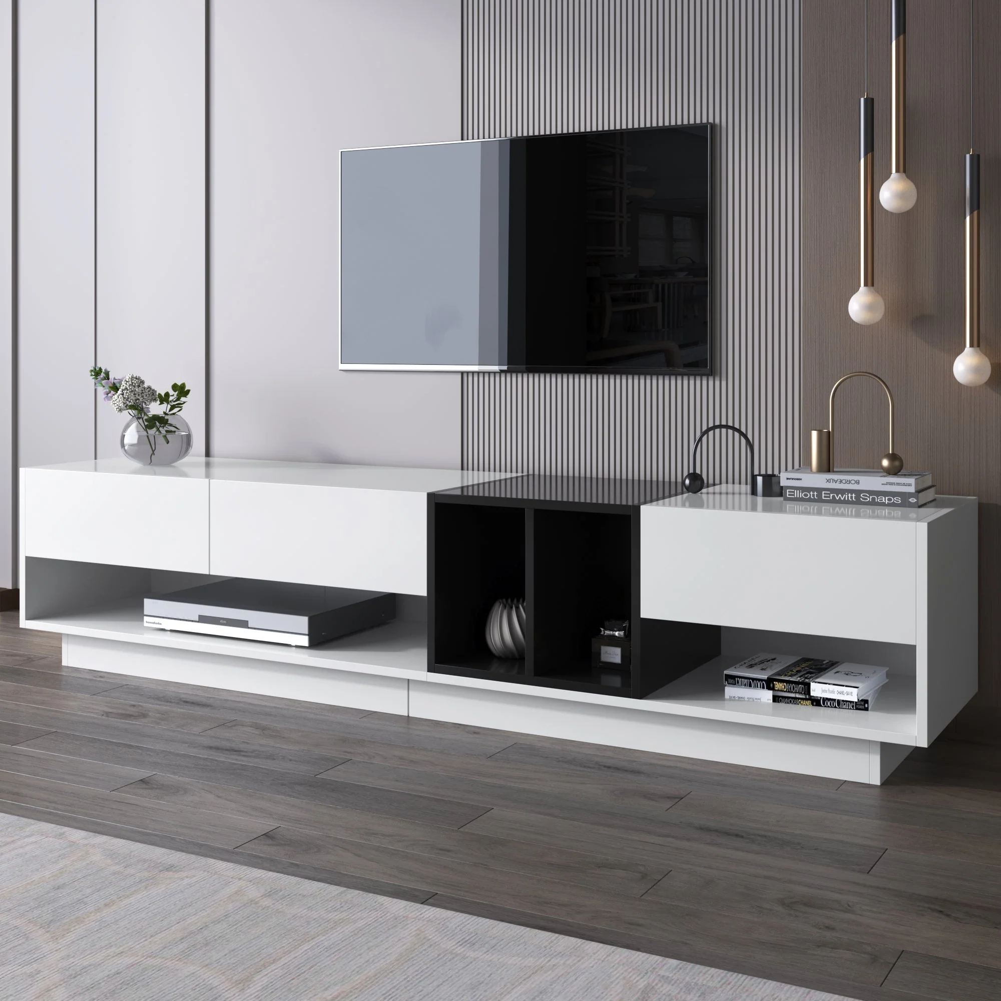 TV Cabinet Lowboard, Color-Blocking Design with Drawers & Compartments, High-Gloss White and Black - Image 10