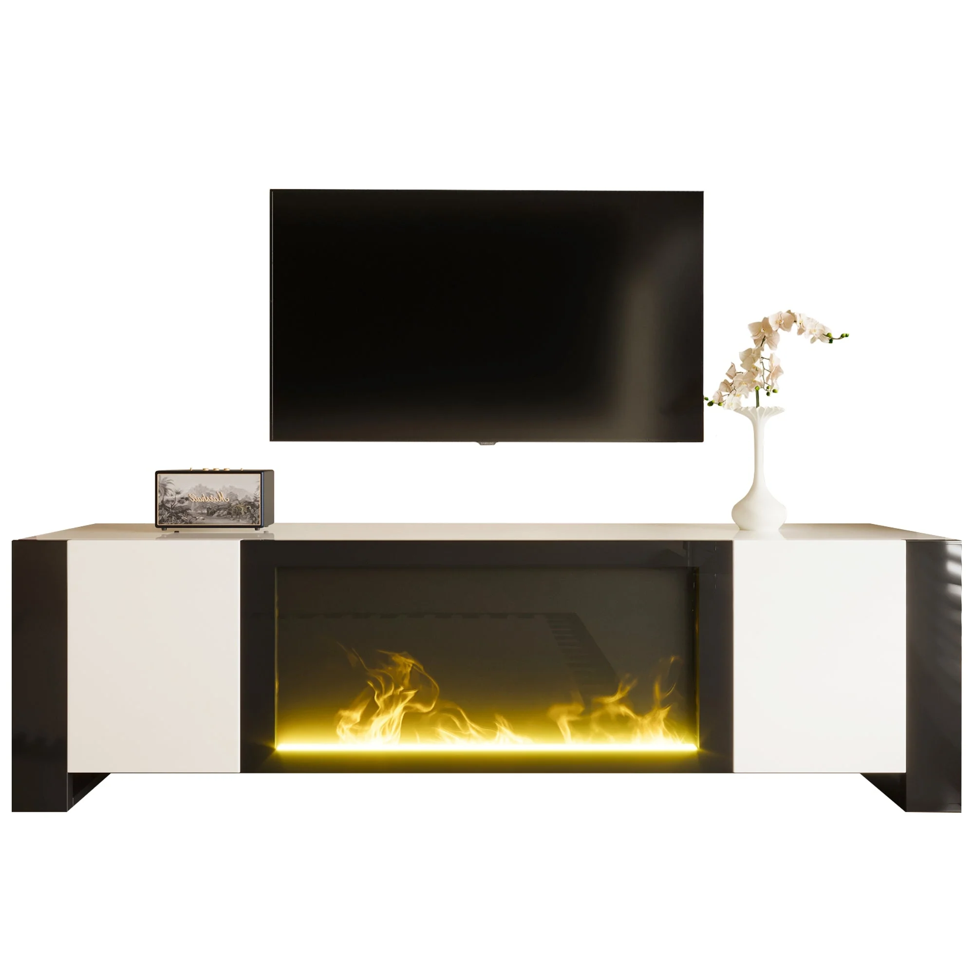 TV Cabinet, Lowboard Electric Fireplace High Gloss, White and Black - Image 2