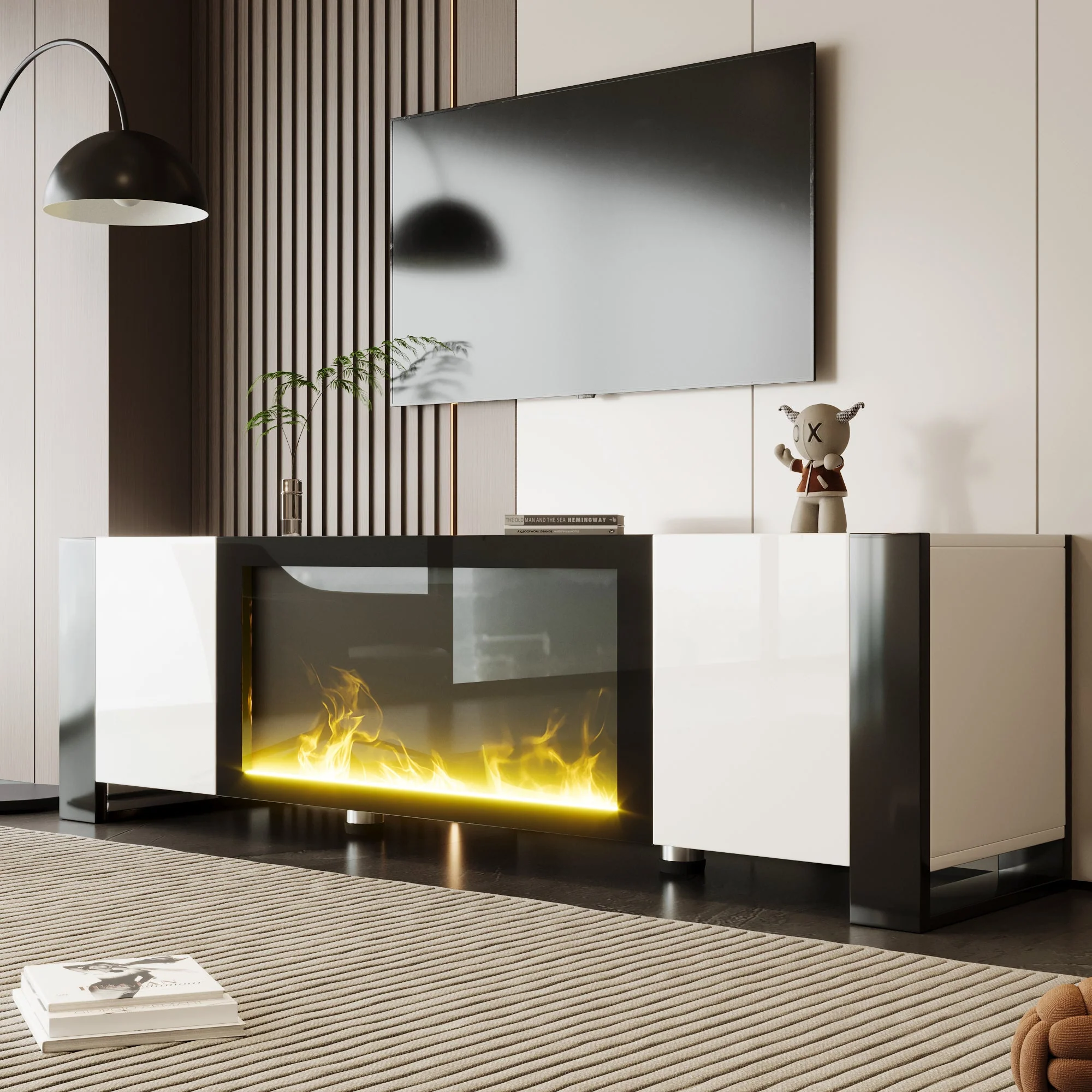 TV Cabinet, Lowboard Electric Fireplace High Gloss, White and Black - Image 5
