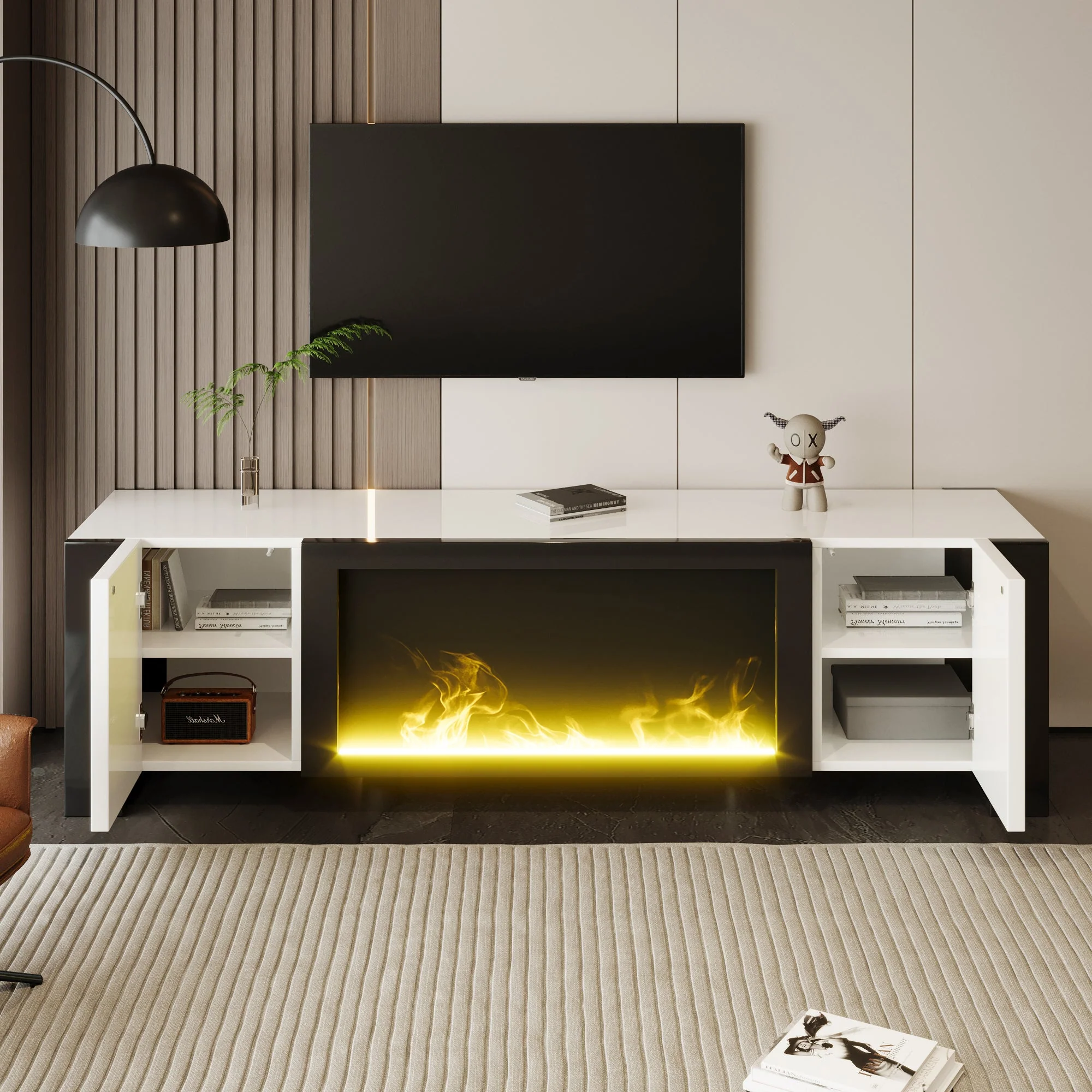 TV Cabinet, Lowboard Electric Fireplace High Gloss, White and Black - Image 7
