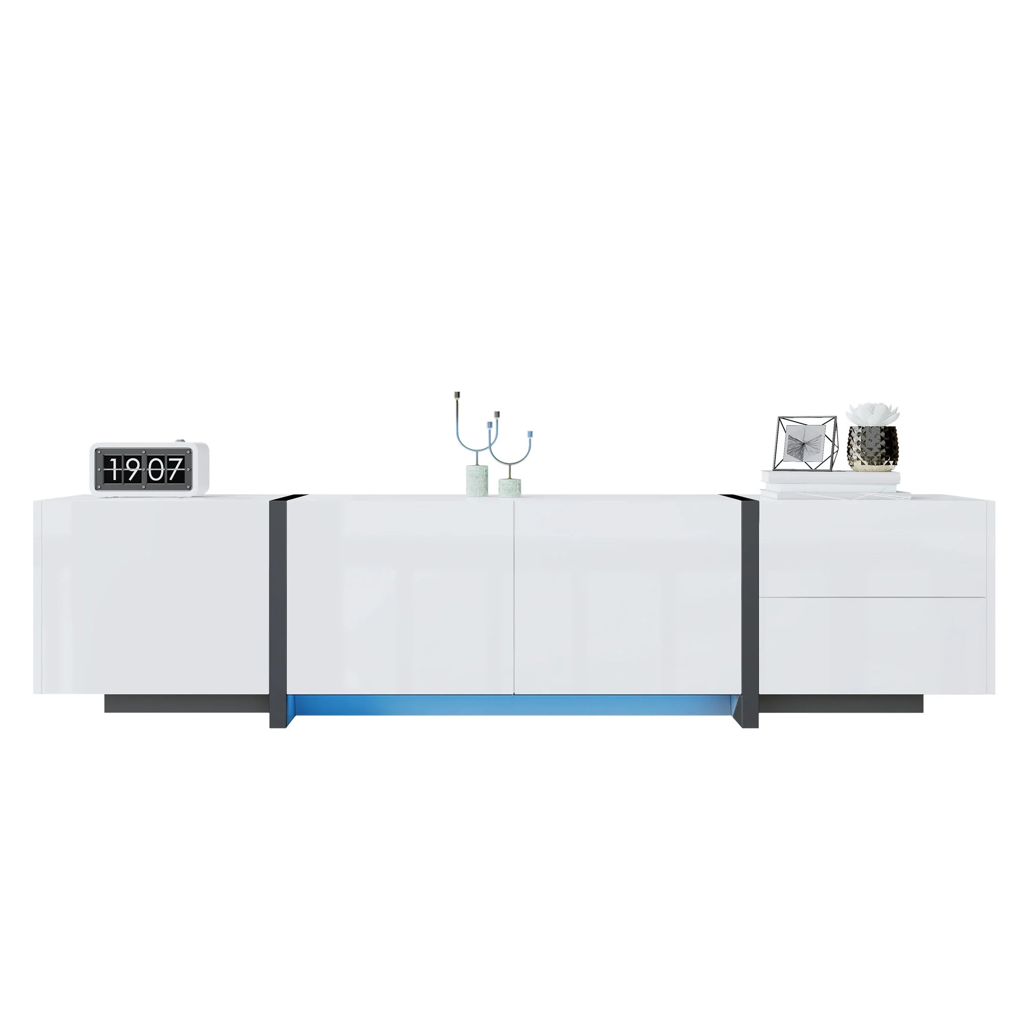 TV Cabinet, Lowboard, High-Gloss White with Black Legs