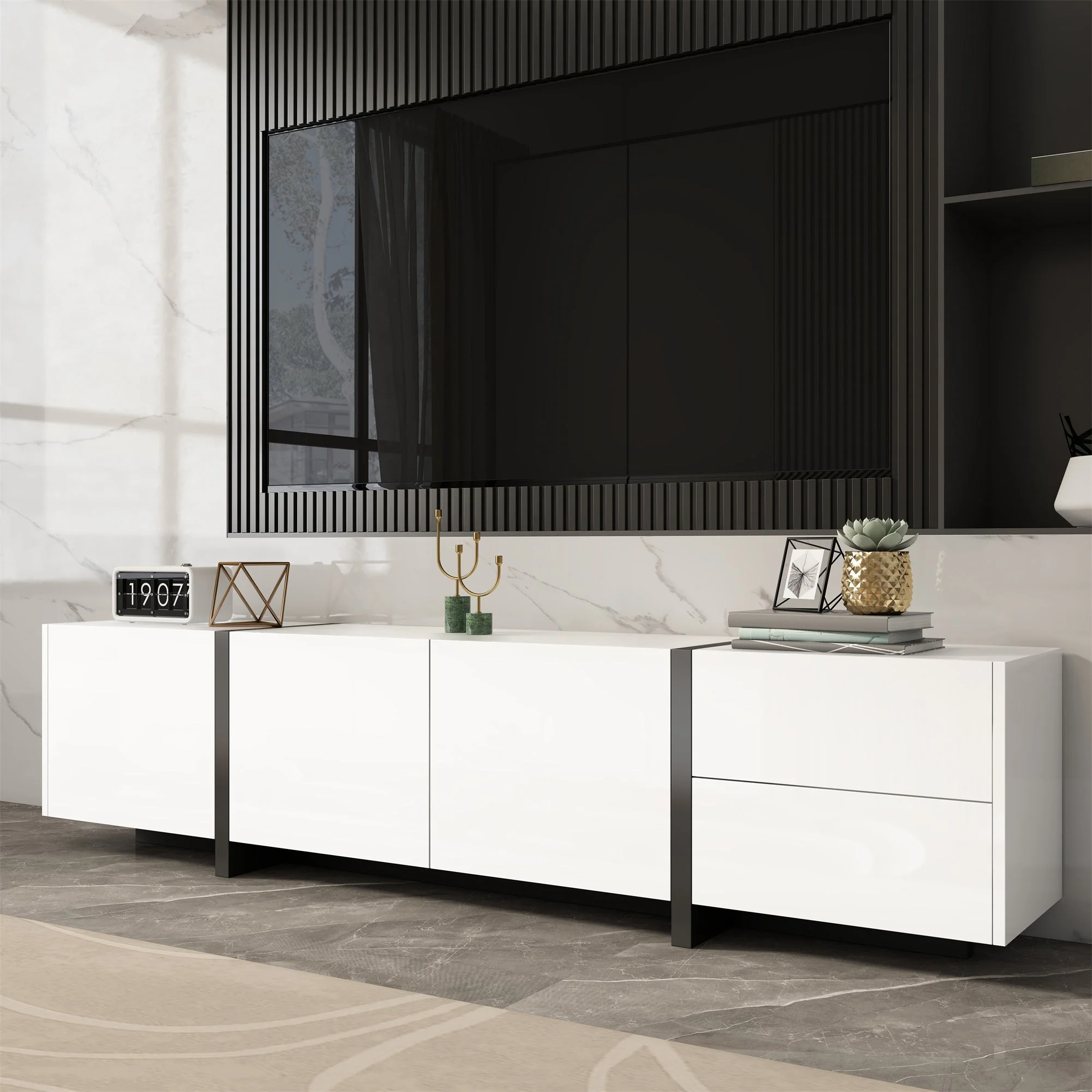 TV Cabinet, Lowboard, High-Gloss White with Black Legs - Image 2