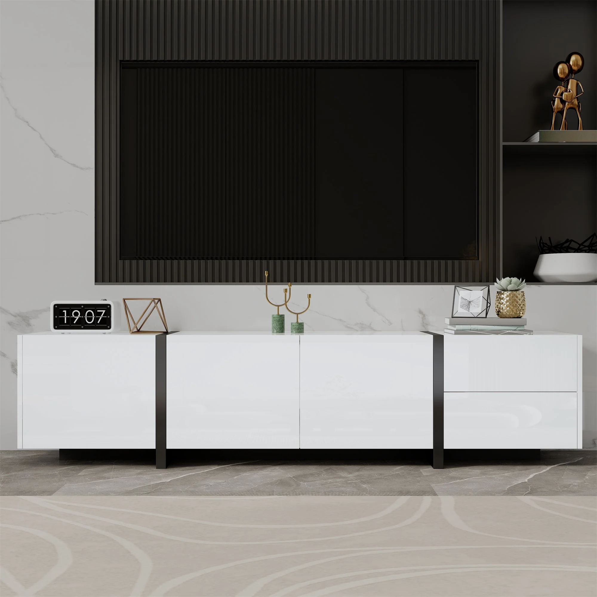 TV Cabinet, Lowboard, High-Gloss White with Black Legs - Image 3