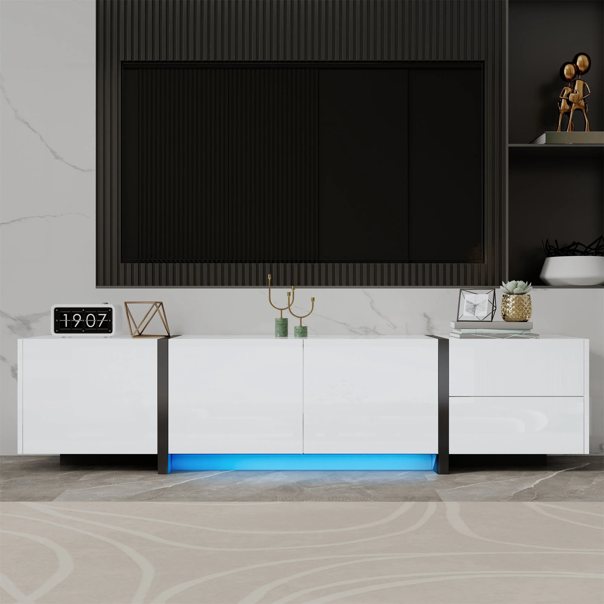TV Cabinet, Lowboard, High-Gloss White with Black Legs - Image 4