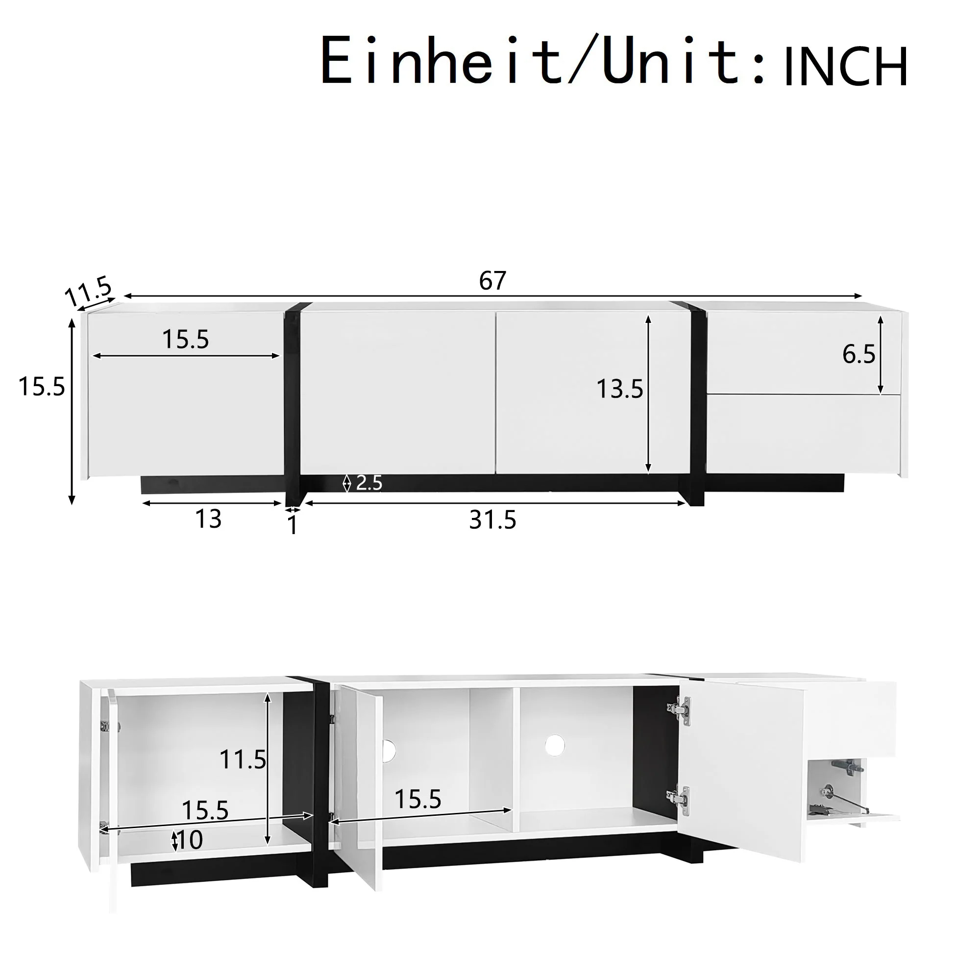 TV Cabinet, Lowboard, High-Gloss White with Black Legs - Image 5