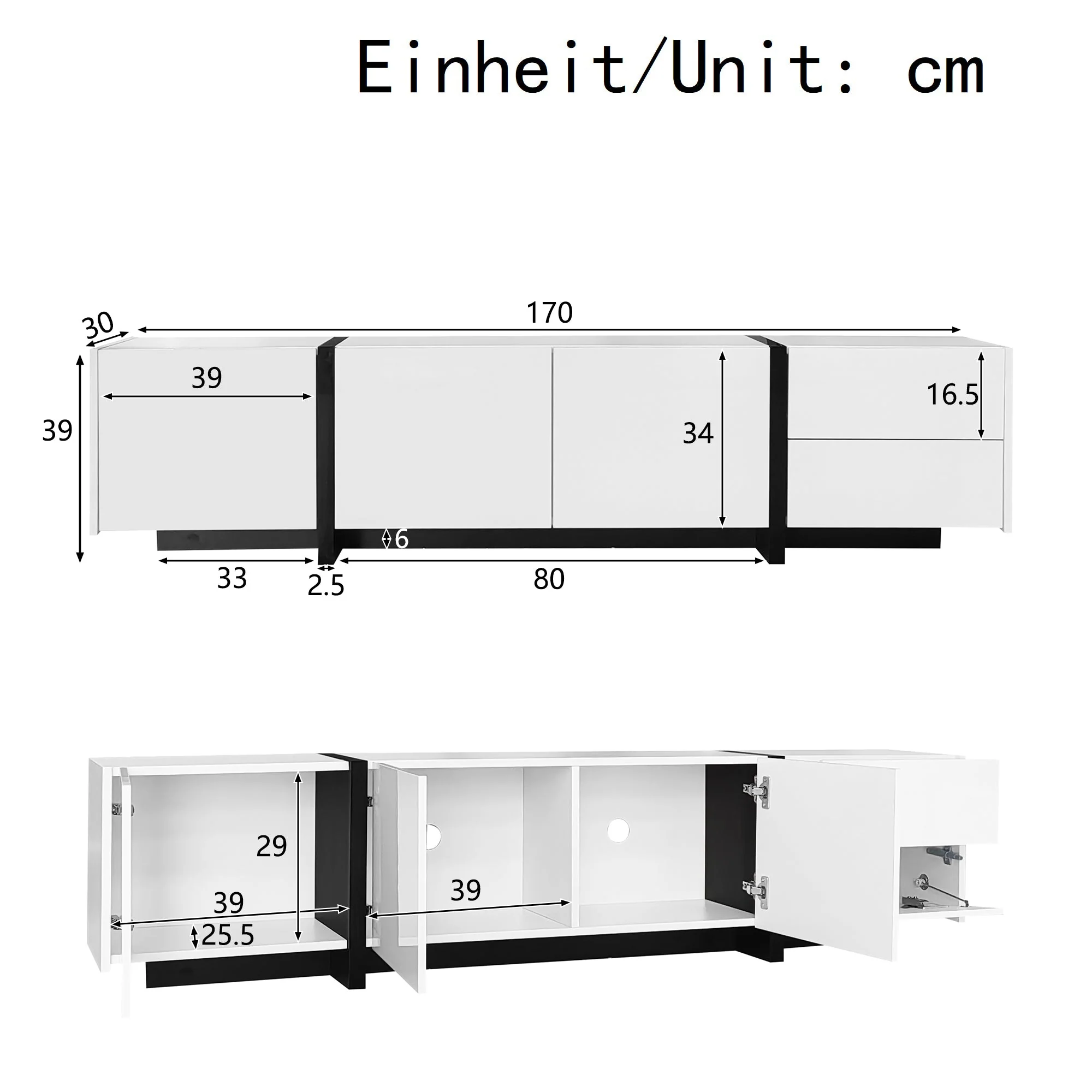 TV Cabinet, Lowboard, High-Gloss White with Black Legs - Image 6