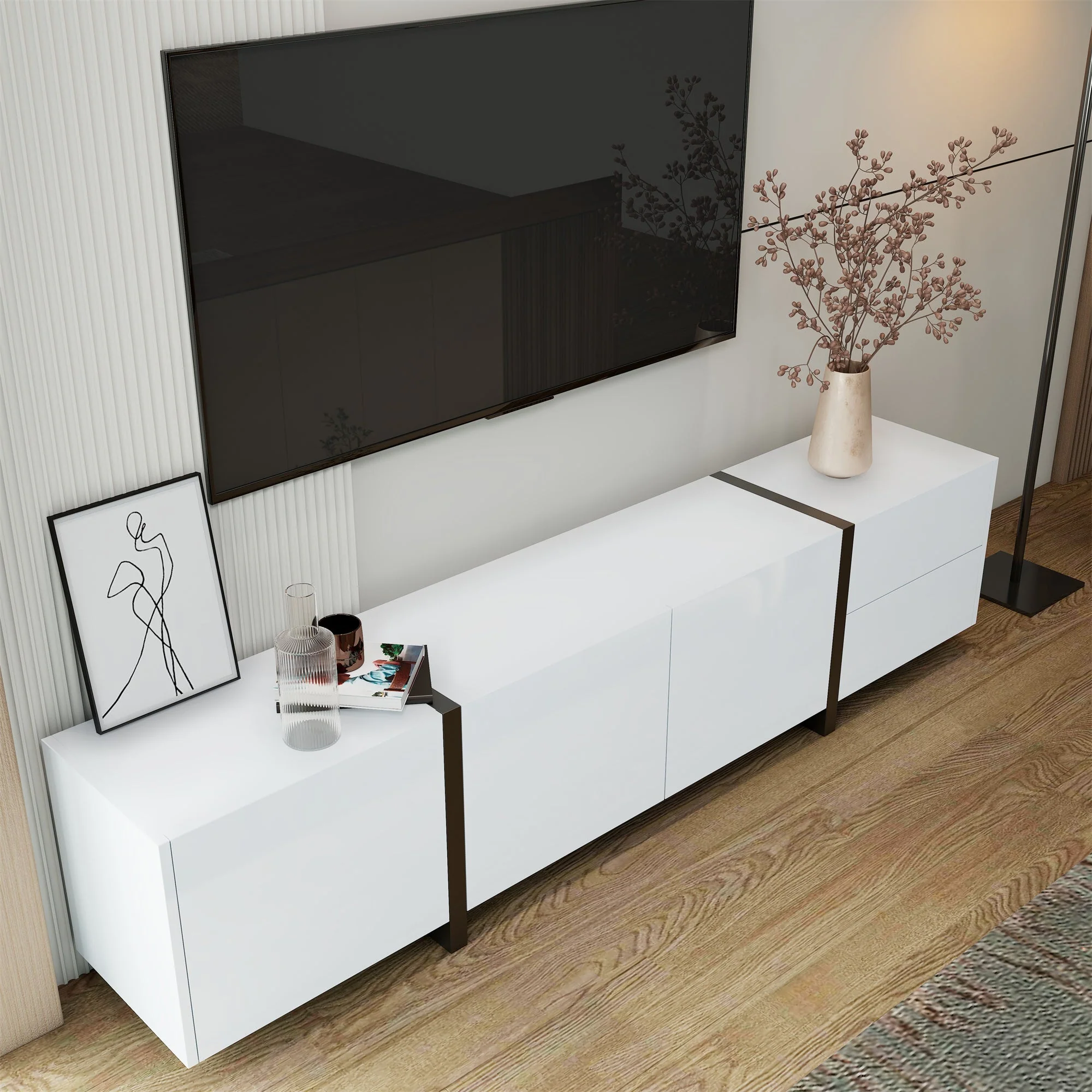 TV Cabinet, Lowboard, High-Gloss White with Black Legs - Image 7