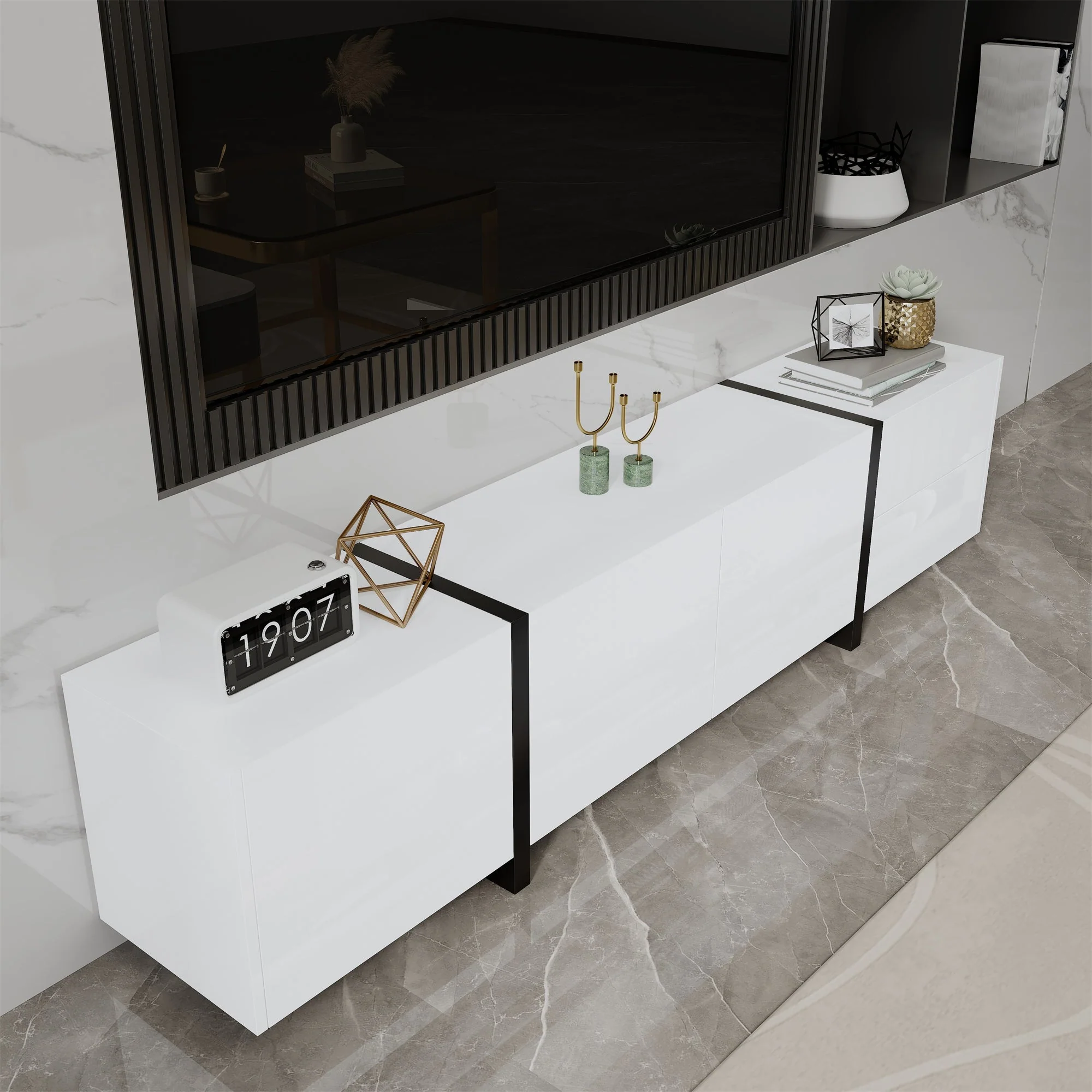 TV Cabinet, Lowboard, High-Gloss White with Black Legs - Image 8