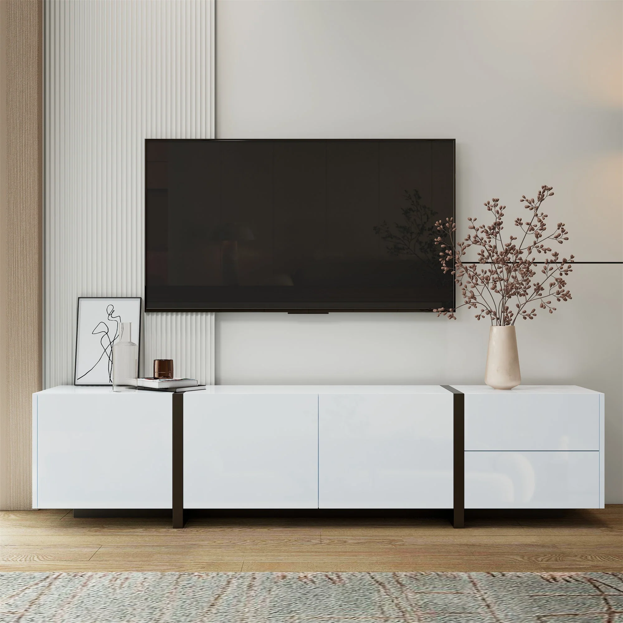 TV Cabinet, Lowboard, High-Gloss White with Black Legs - Image 9