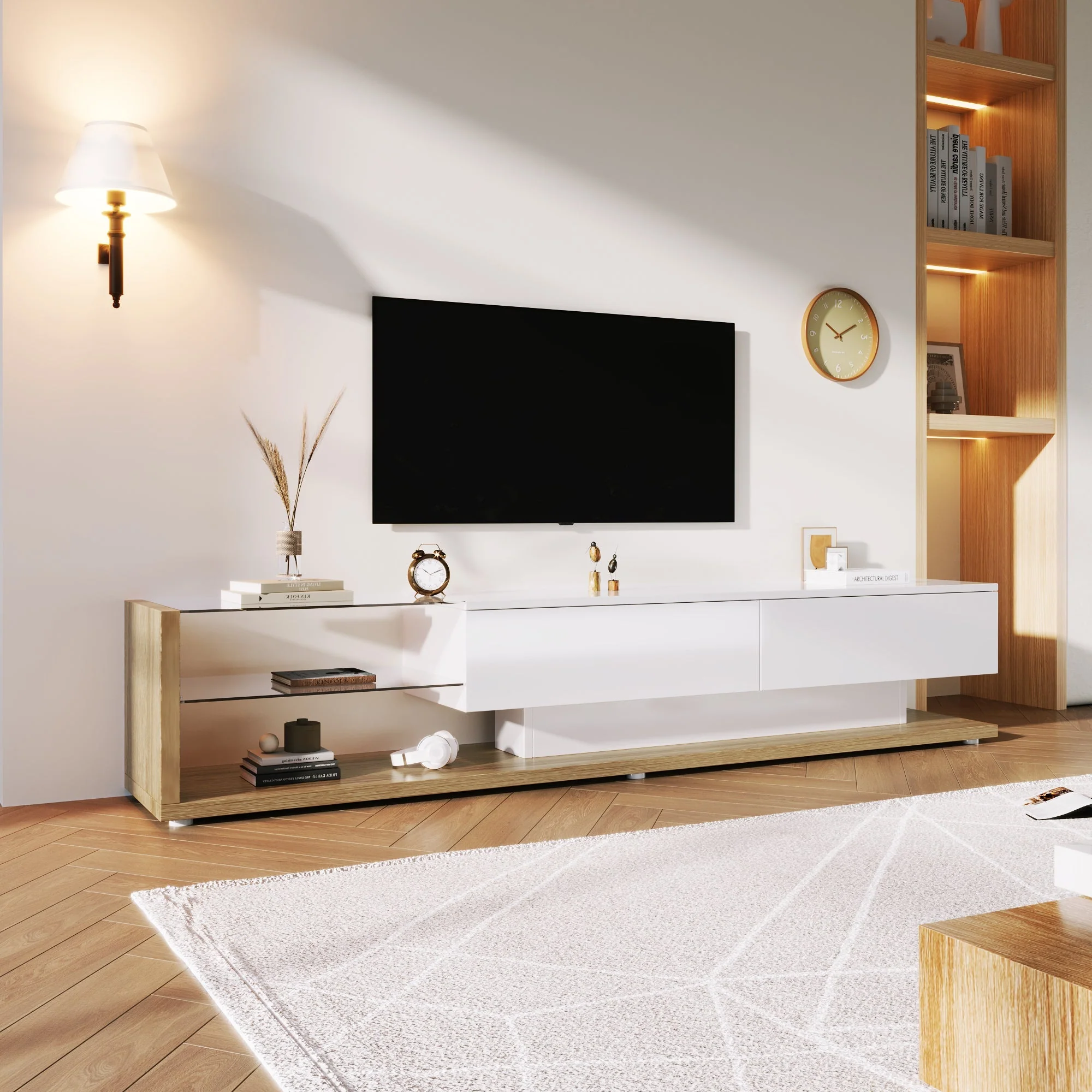 TV Cabinet Lowboard, LED Lighting Glass Partition, High-Gloss White and Wood - Image 10