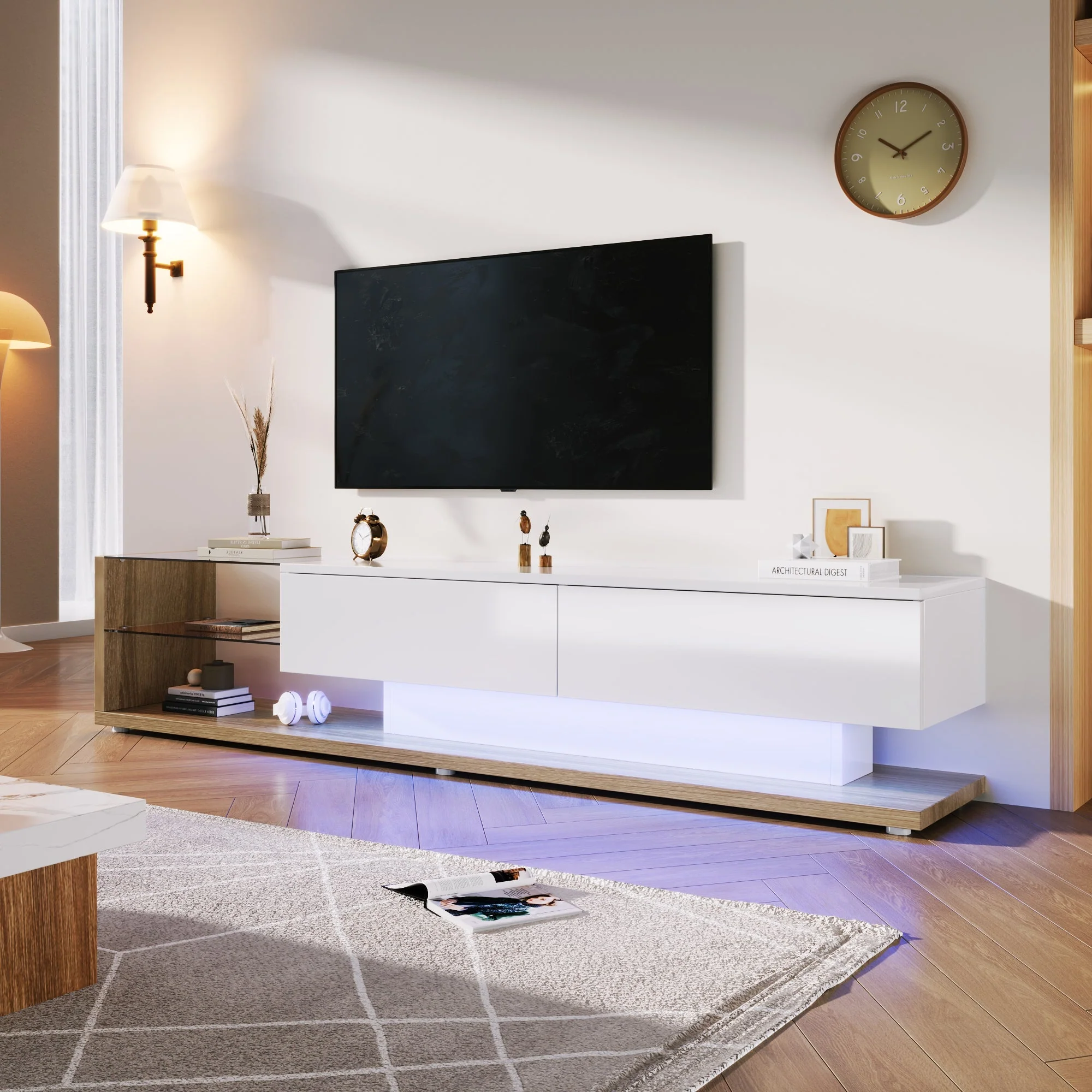 TV Cabinet Lowboard, LED Lighting Glass Partition, High-Gloss White and Wood - Image 2