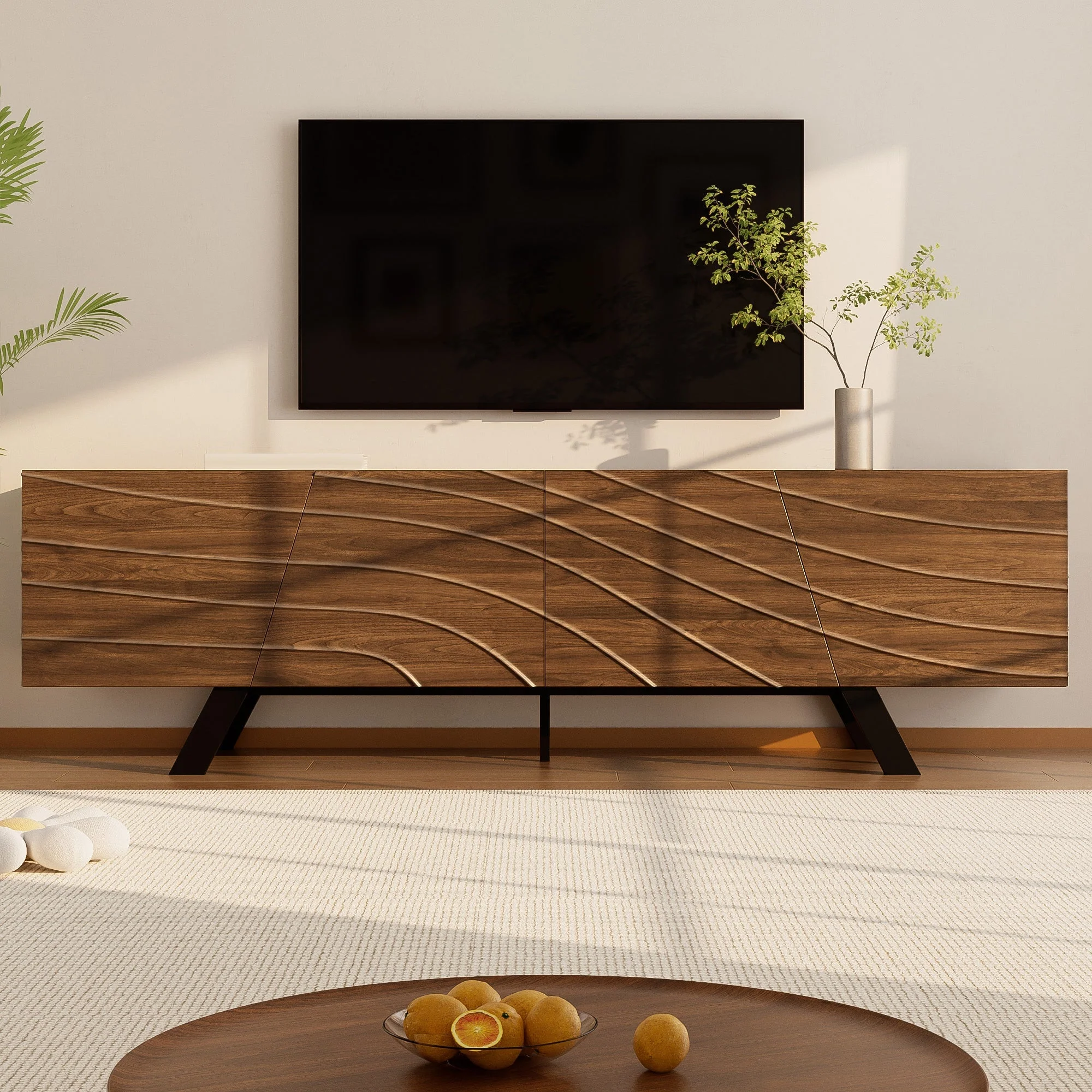 TV Cabinet Lowboard Modern Wave Front 160cm Large Storage Walnut/Black - Image 6