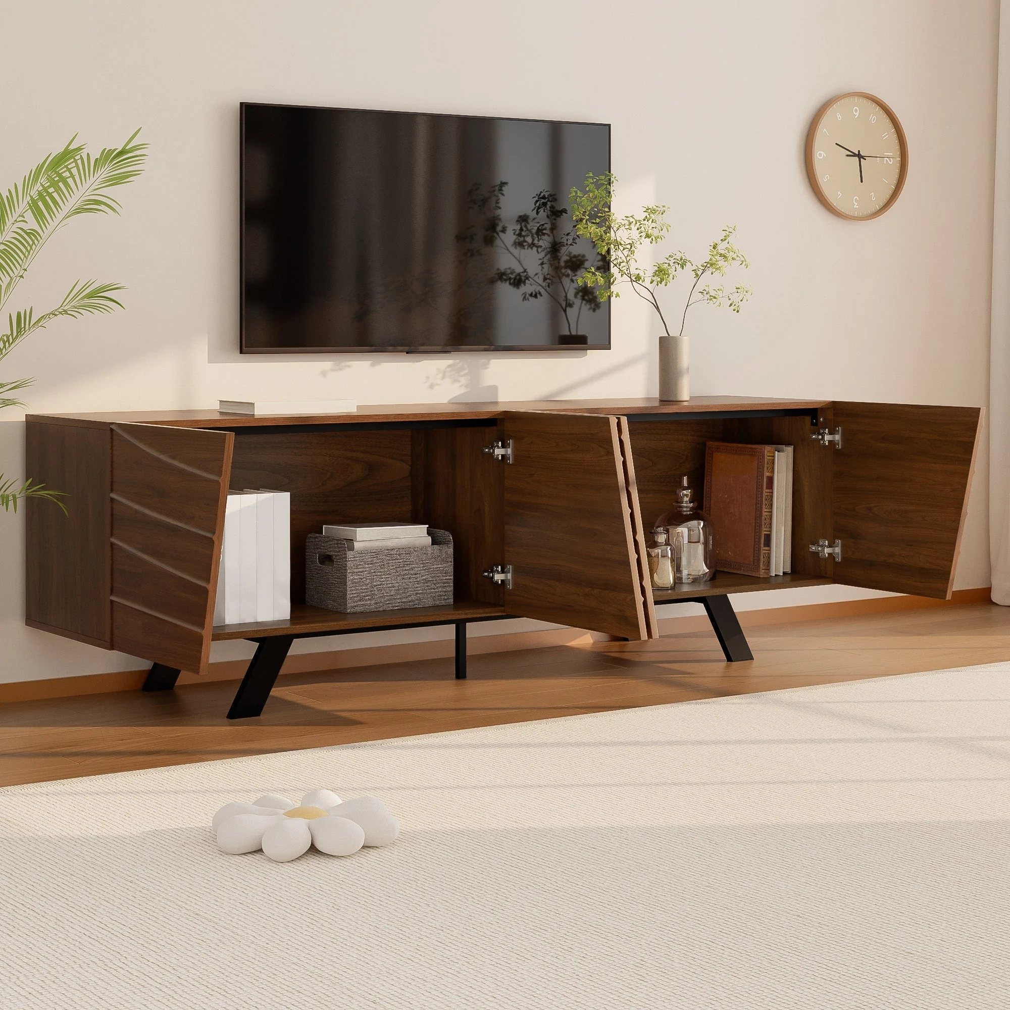 TV Cabinet Lowboard Modern Wave Front 160cm Large Storage Walnut/Black - Image 8
