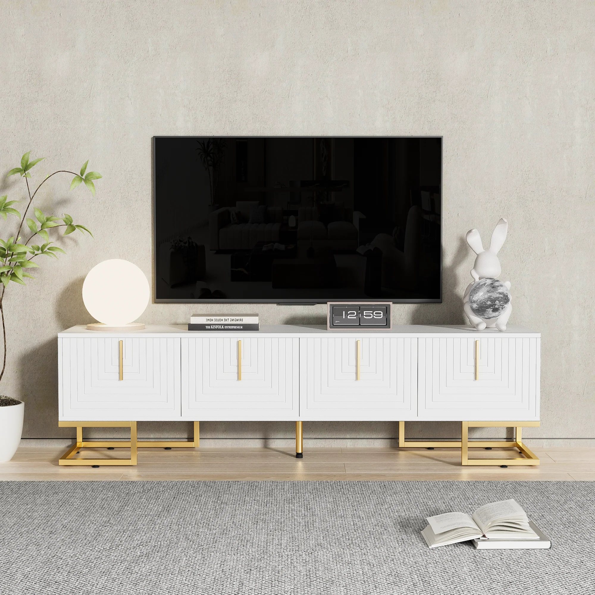 TV Cabinet Lowboard Textured Door Gold Handles and Feet - Image 2