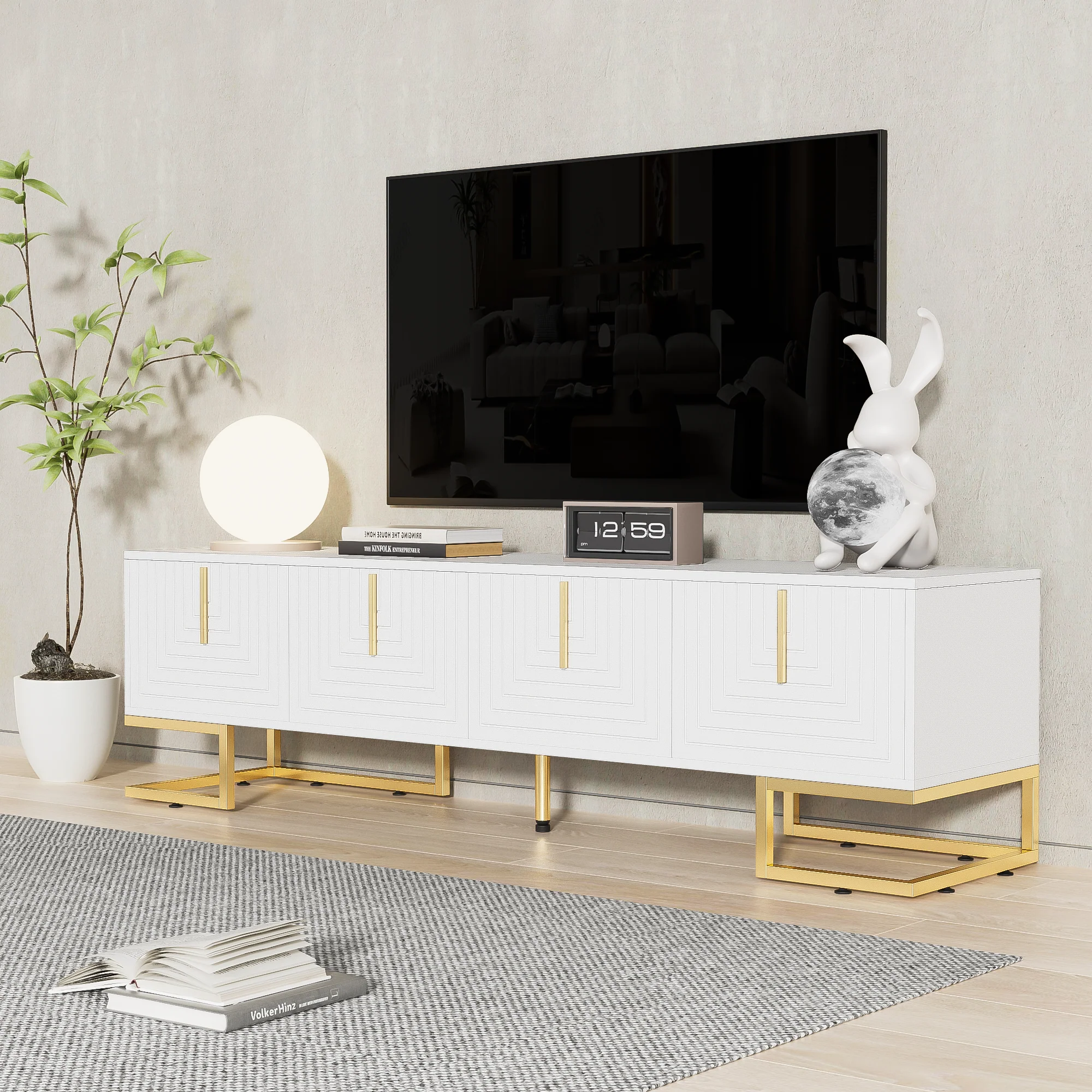 TV Cabinet Lowboard Textured Door Gold Handles and Feet - Image 6