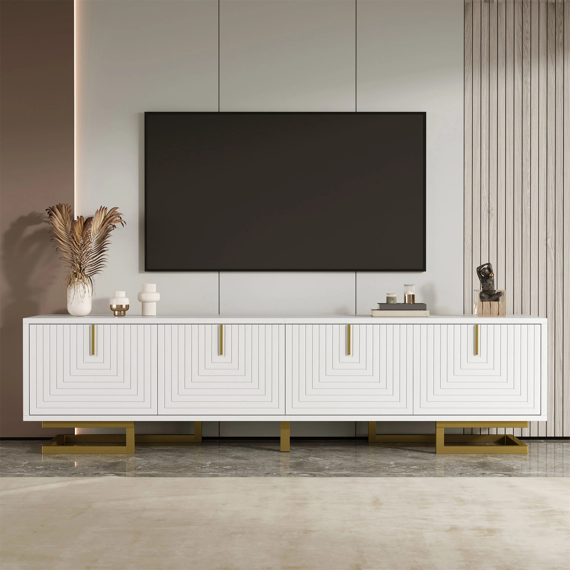 TV Cabinet Lowboard Textured Doors Gold Handles and Legs - Image 2