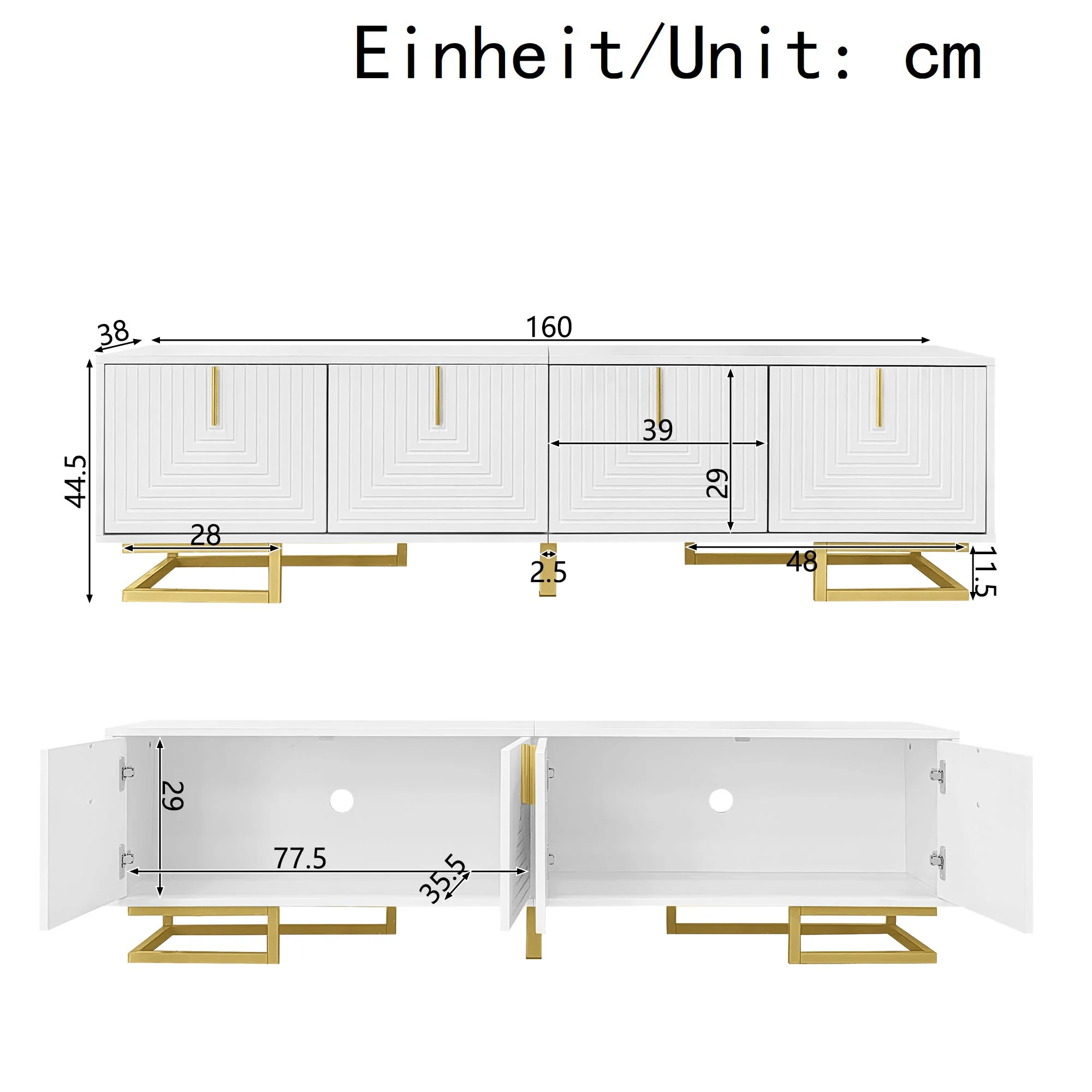 TV Cabinet Lowboard Textured Doors Gold Handles and Legs - Image 4