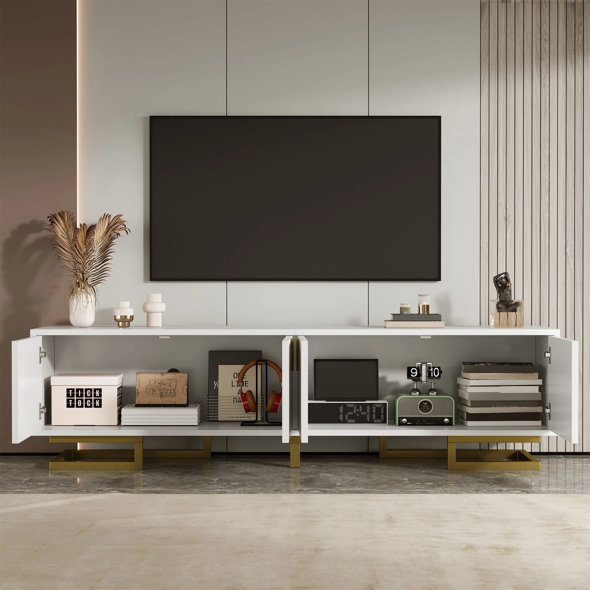 TV Cabinet Lowboard Textured Doors Gold Handles and Legs - Image 5