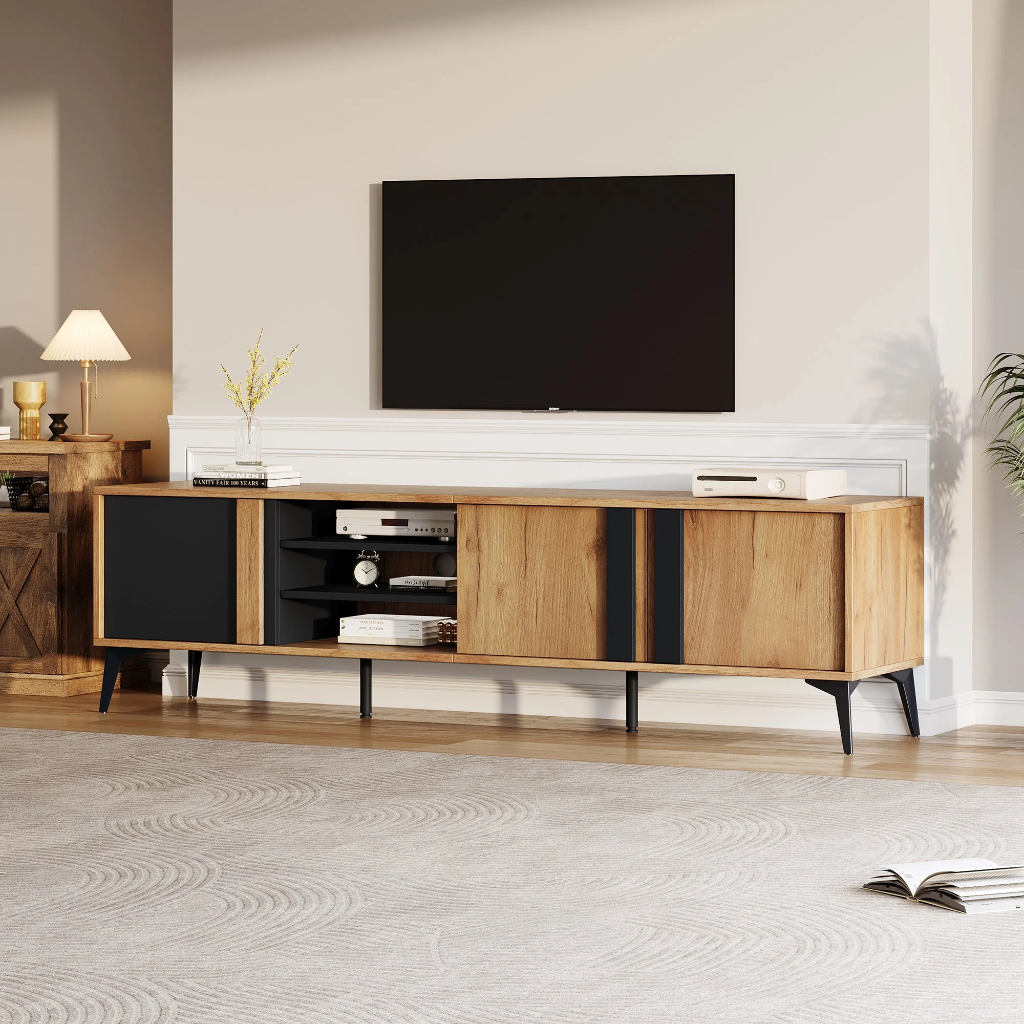 TV Cabinet, Lowboard TV Unit with Door & Open Compartment, 180cm, Rustic Brown - Image 2