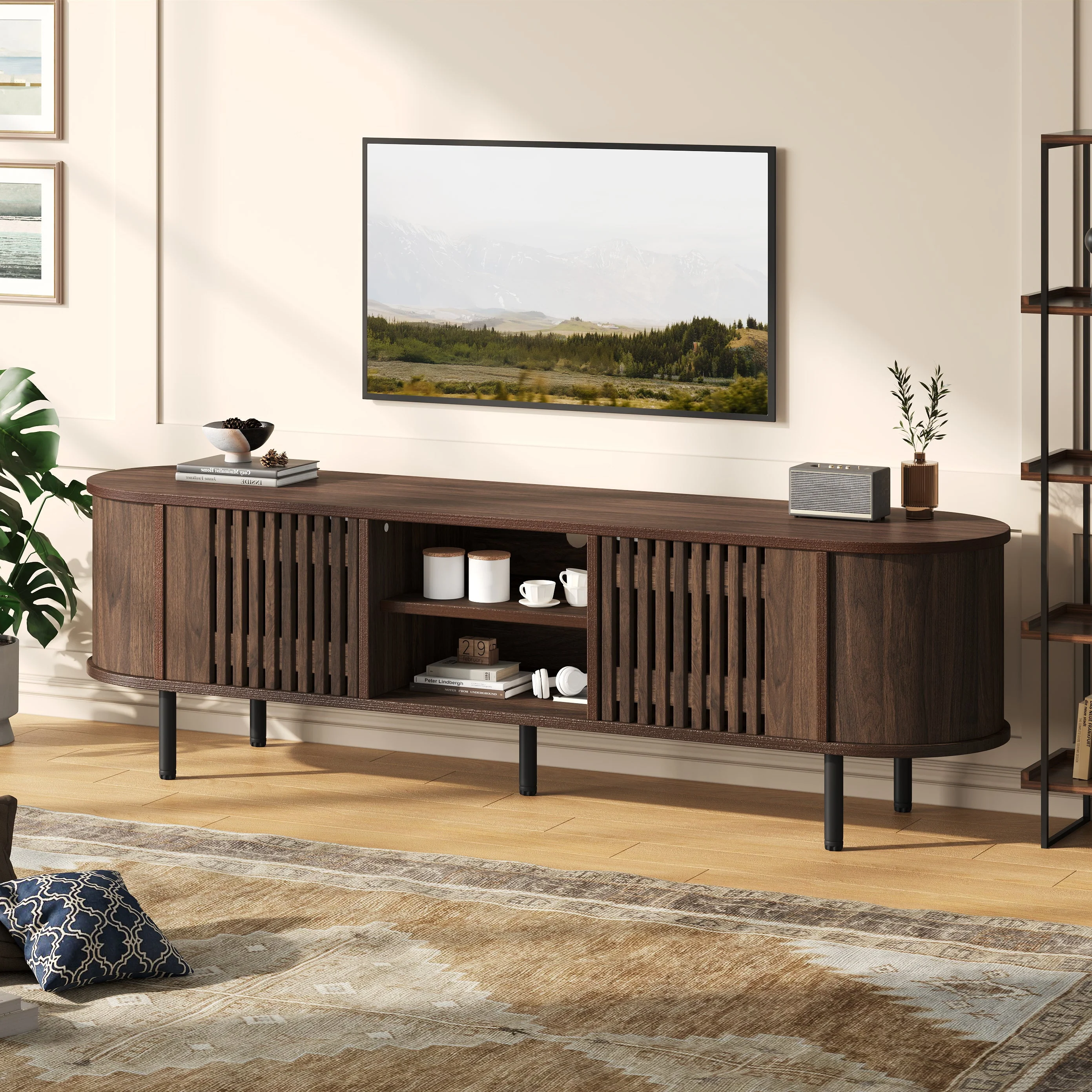 TV Cabinet Lowboard with 2 Cabinets, Openwork Wood Design, Walnut - Image 2