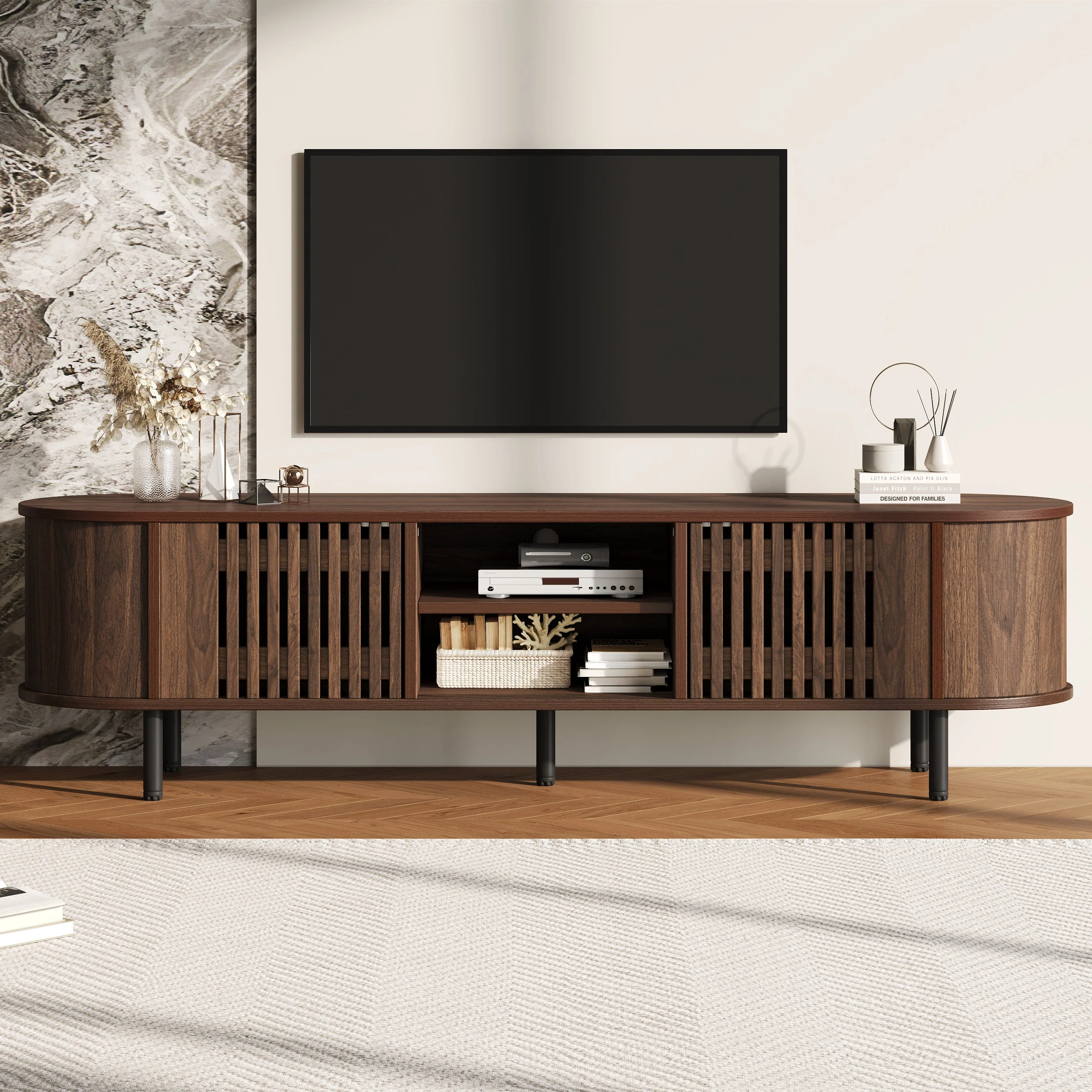 TV Cabinet Lowboard with 2 Cabinets, Openwork Wood Design, Walnut - Image 6