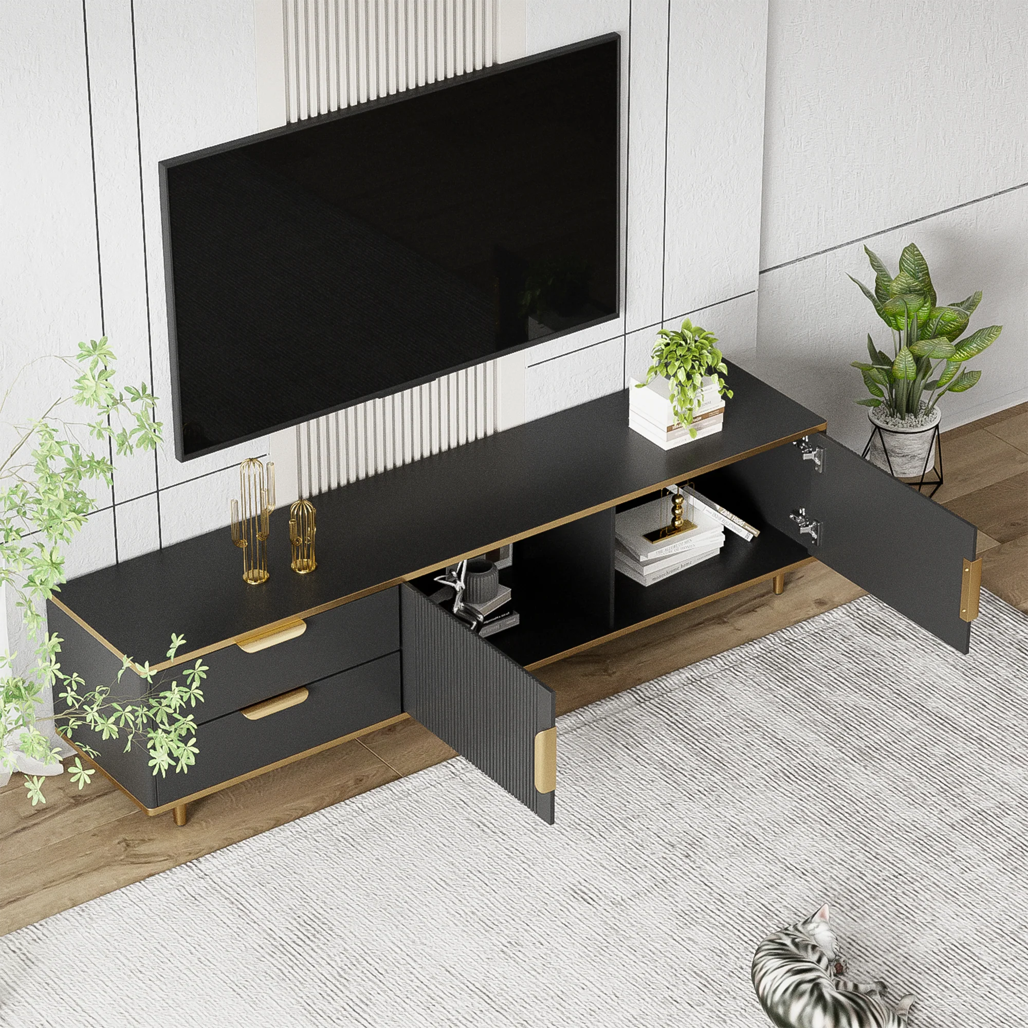 TV Cabinet, Lowboard with Carved Structure, Golden Accents - Image 5