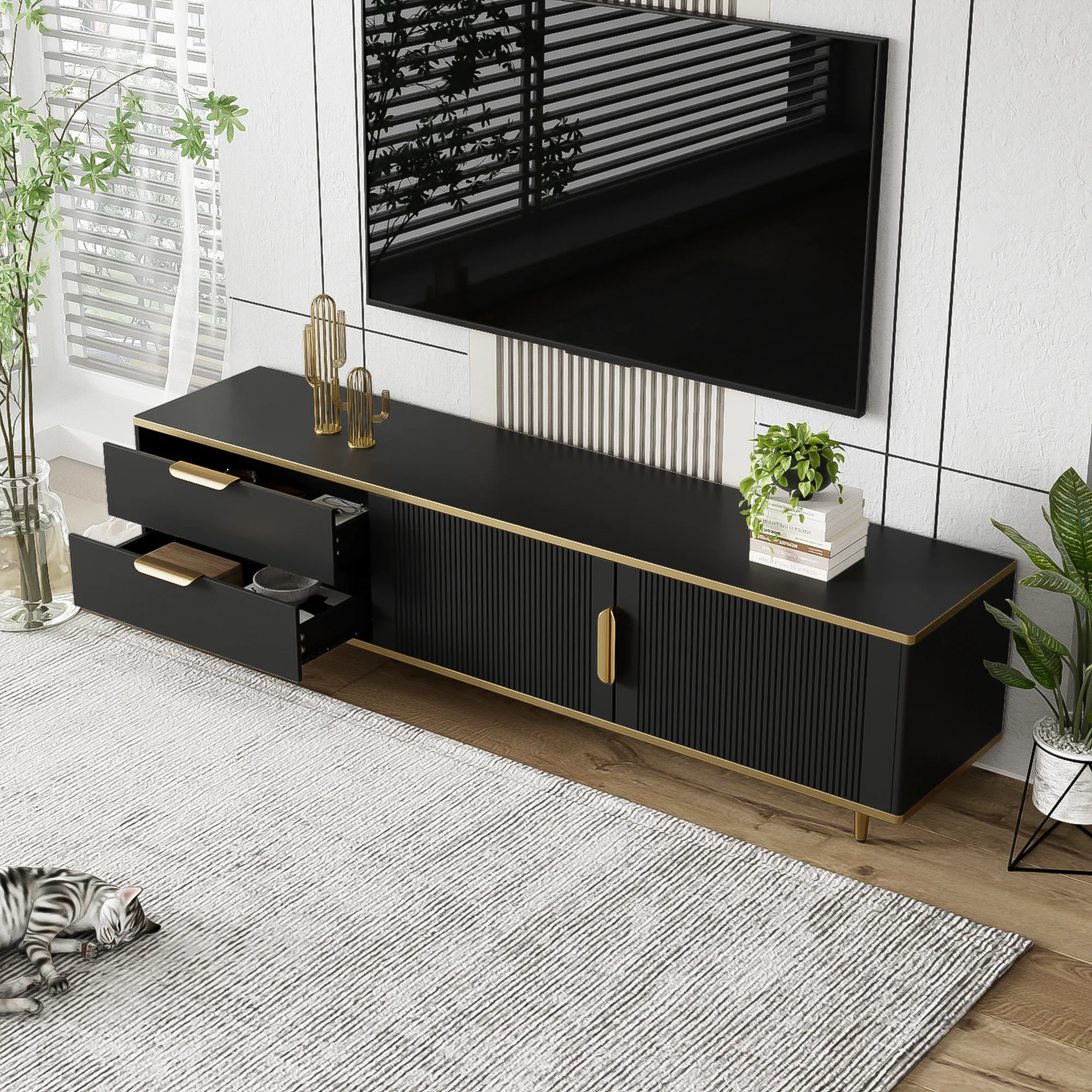 TV Cabinet, Lowboard with Carved Structure, Golden Accents - Image 7