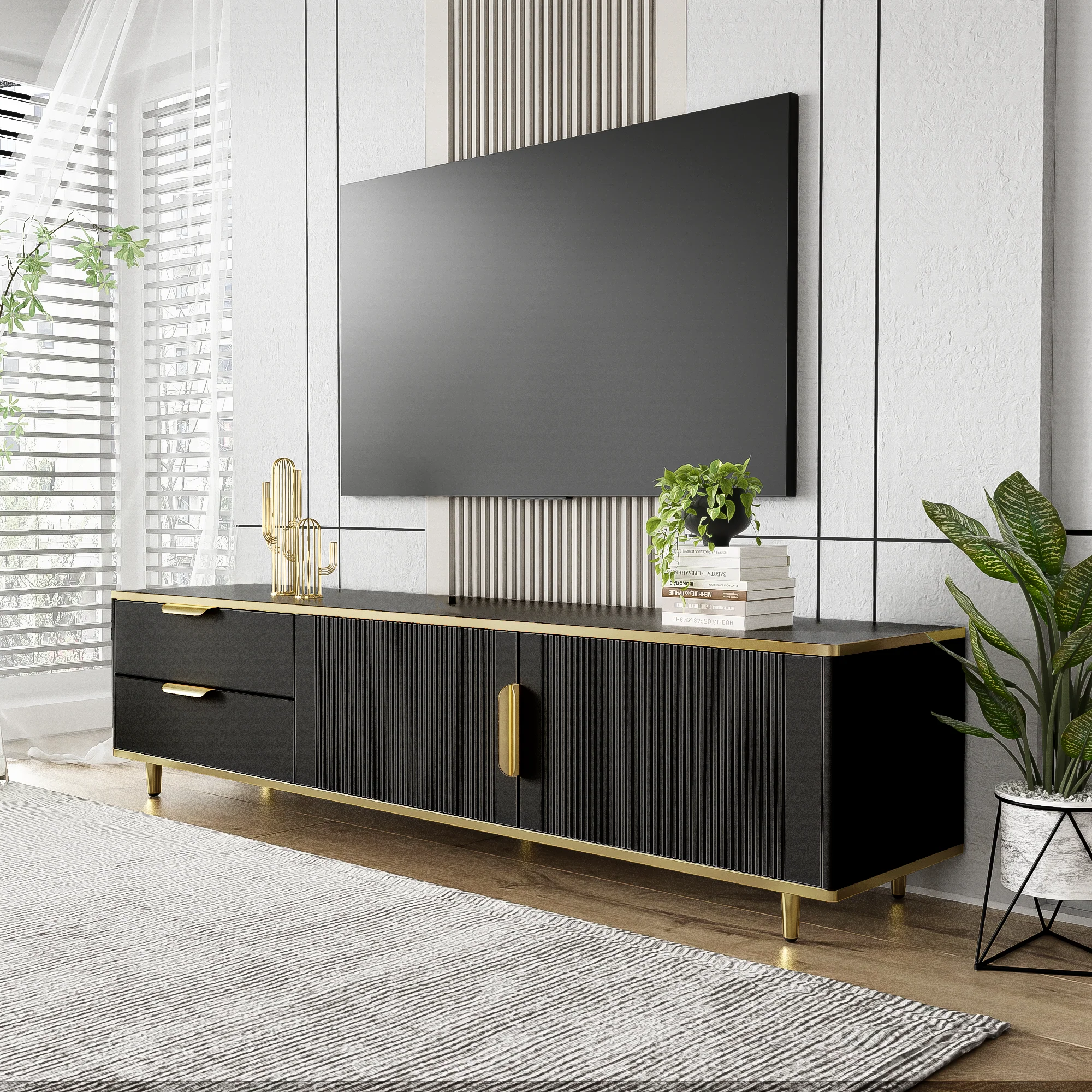 TV Cabinet, Lowboard with Carved Structure, Golden Accents - Image 8