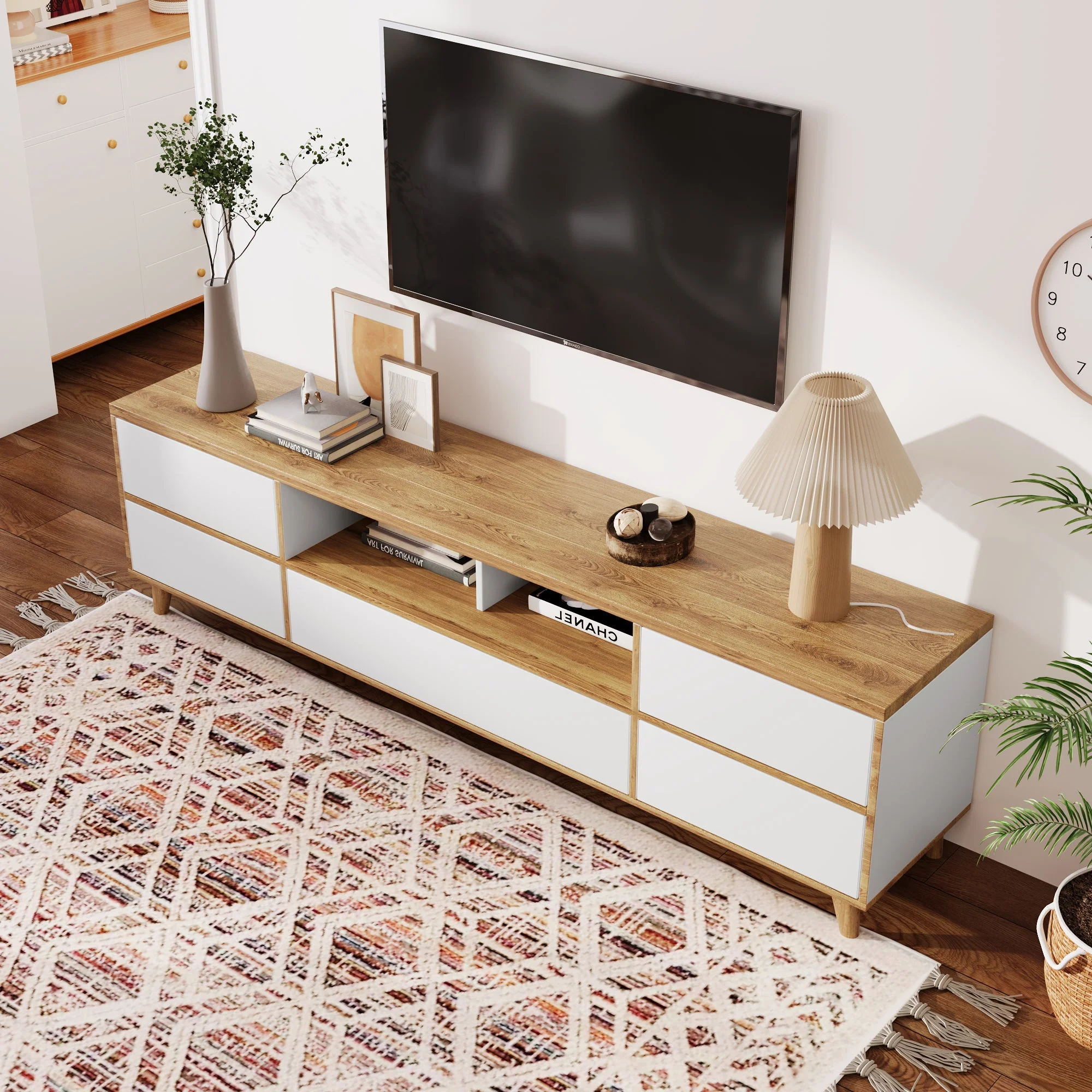 TV Cabinet, Lowboard with Compartments & Doors, White & Wood - Image 2